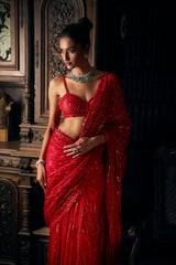 Indian Red Sequin Embroidered Net Saree (2-Piece) - Image 3
