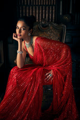 Indian Red Sequin Embroidered Net Saree (2-Piece) - Image 5