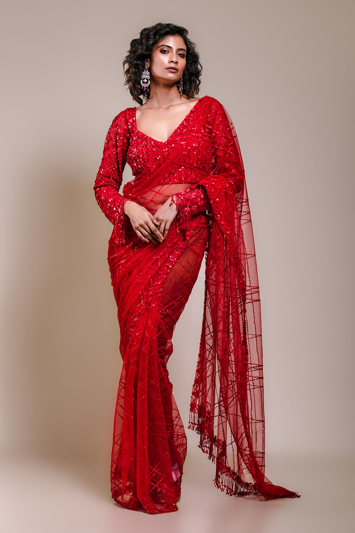 Crimson Red Sequined Net Saree (2-Piece) - Image 1