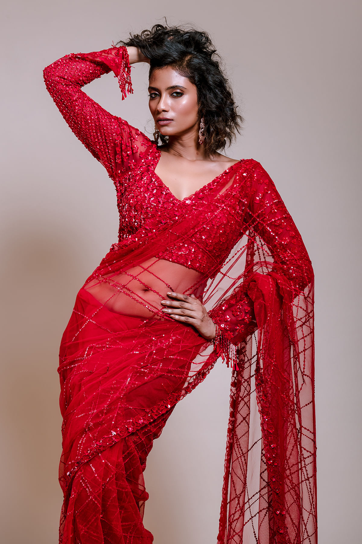 Crimson Red Sequined Net Saree (2-Piece) - Image 2