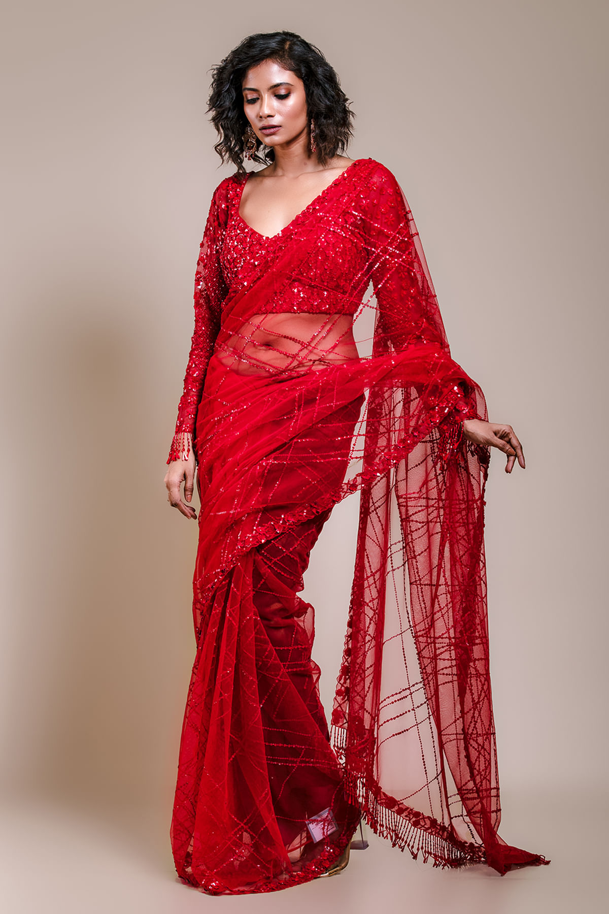 Crimson Red Sequined Net Saree (2-Piece) - Image 3