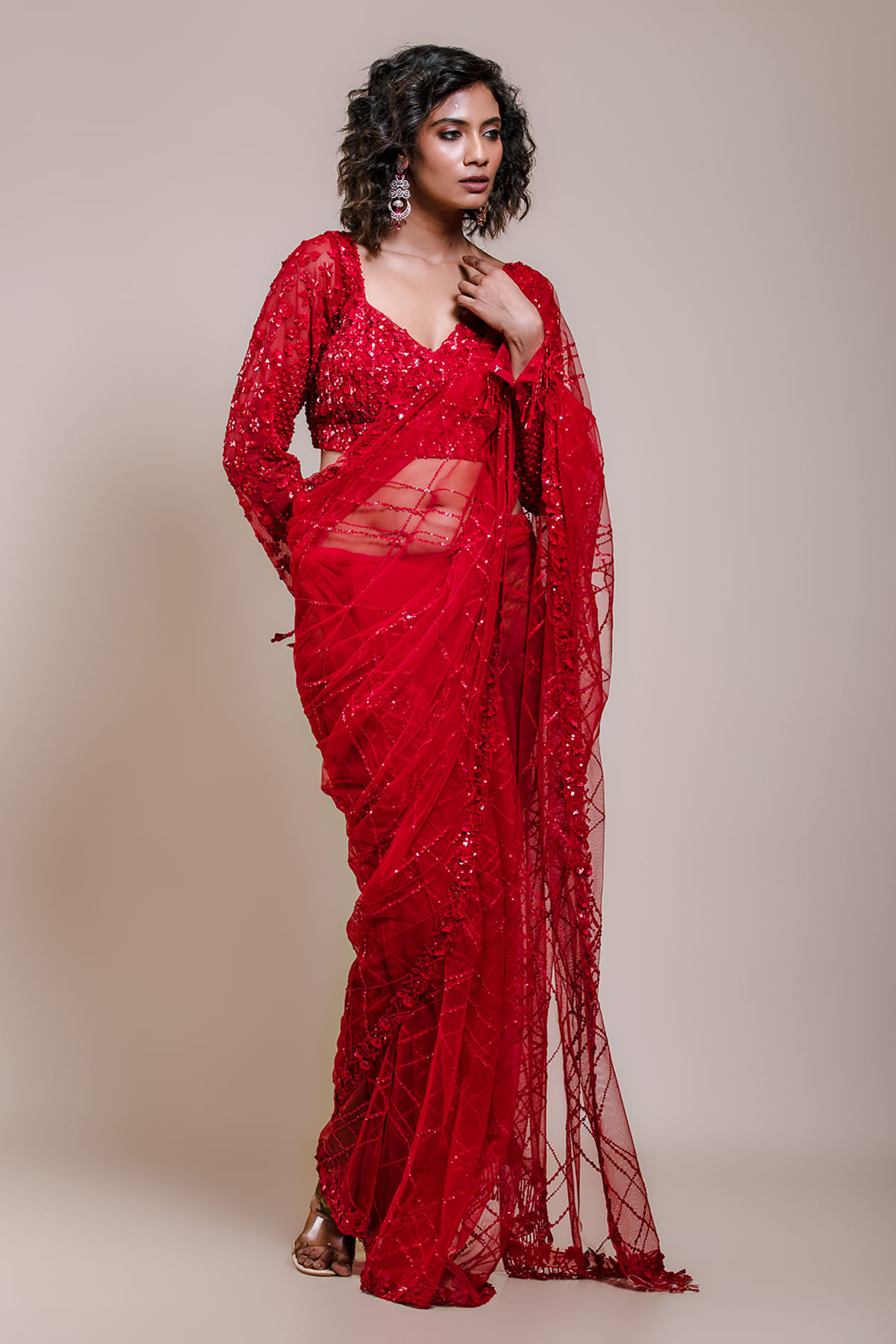 Crimson Red Sequined Net Saree (2-Piece) - Image 4