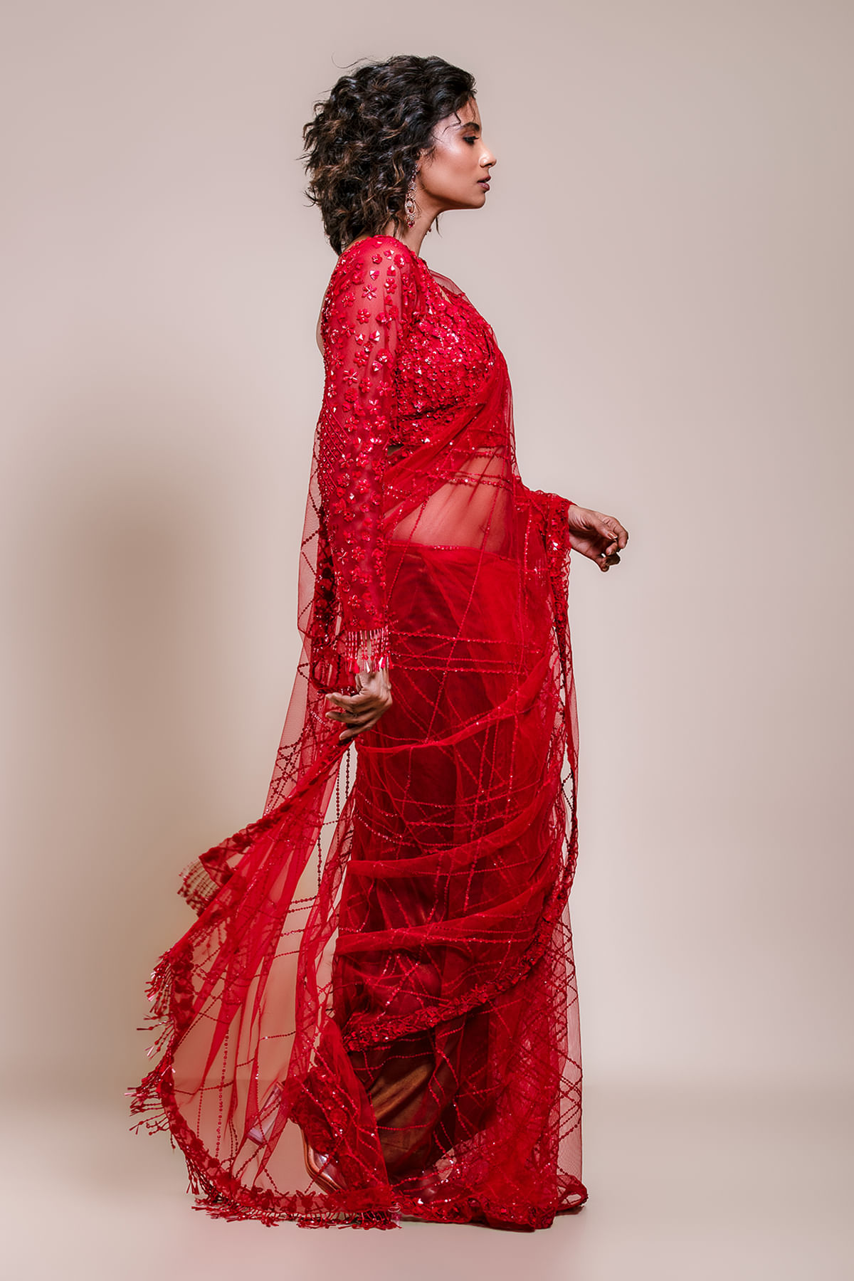 Crimson Red Sequined Net Saree (2-Piece) - Image 5