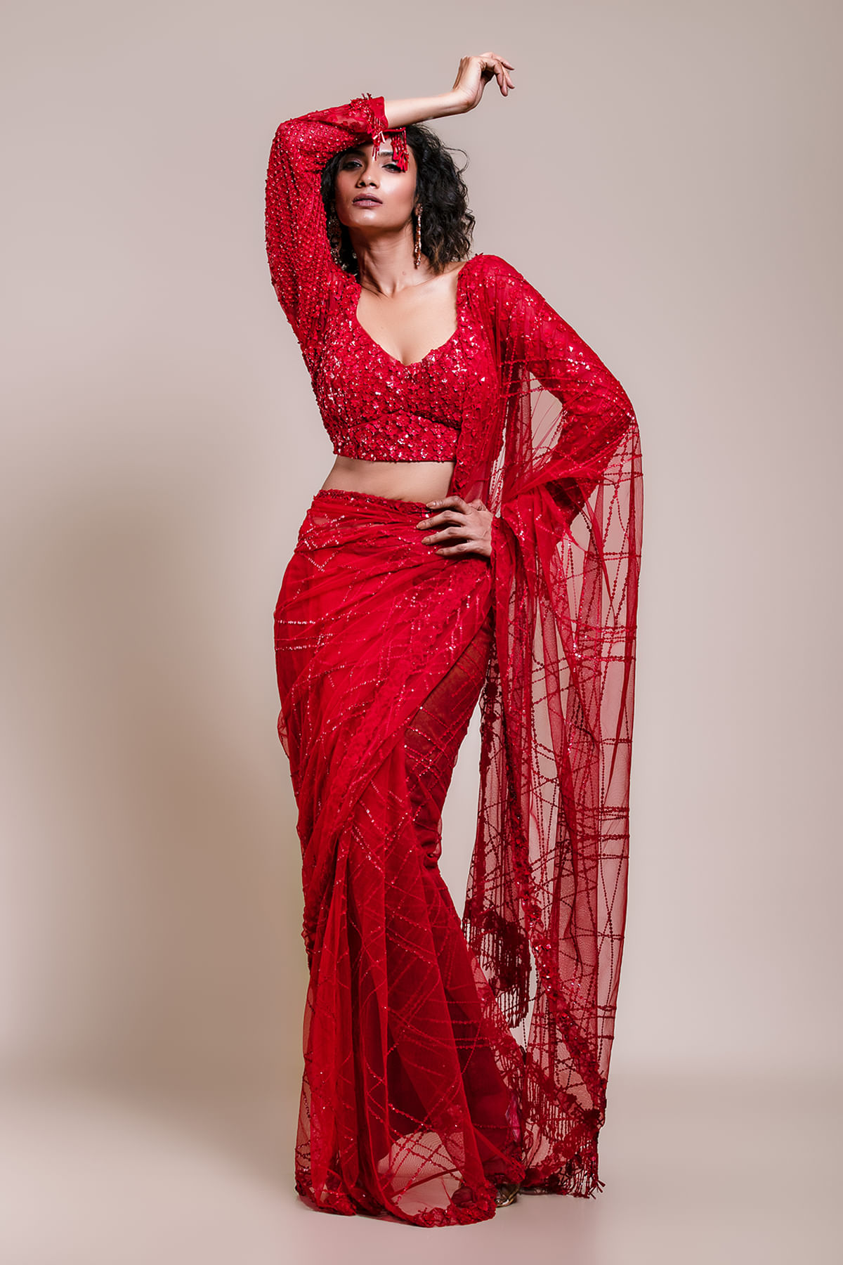 Crimson Red Sequined Net Saree (2-Piece) - Image 6
