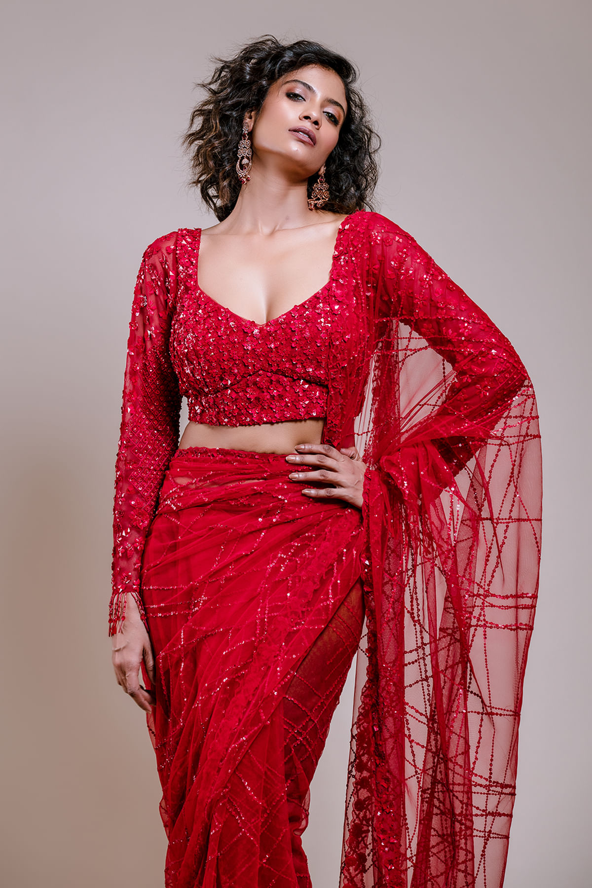 Crimson Red Sequined Net Saree (2-Piece) - Image 7