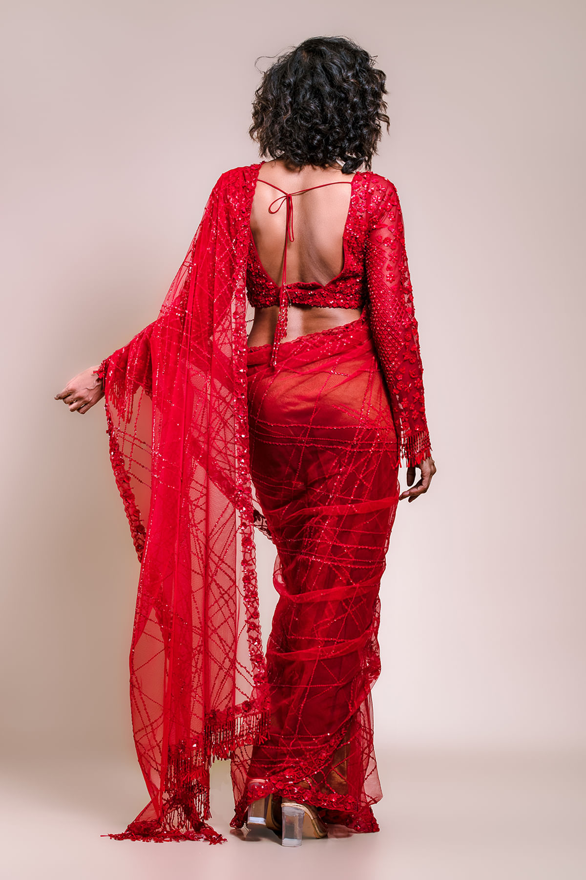 Crimson Red Sequined Net Saree (2-Piece) - Image 8
