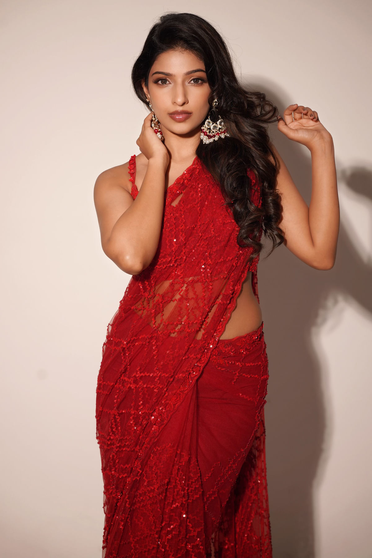 Dark Red Sequined Net Saree (2-Piece) - Image 5