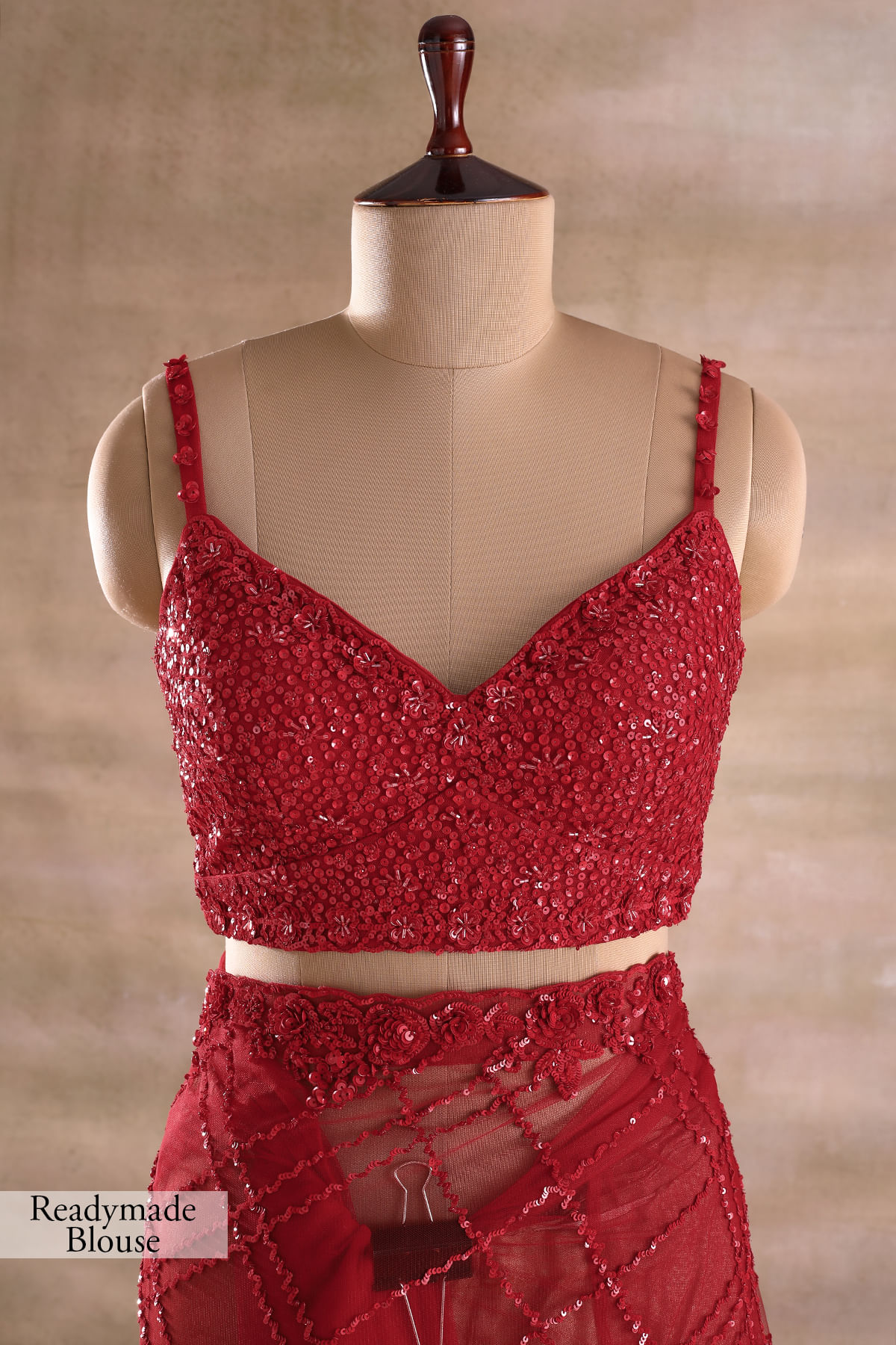 Dark Red Sequined Net Saree (2-Piece) - Image 8