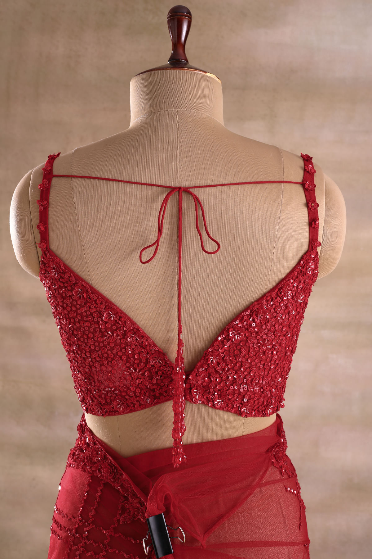 Dark Red Sequined Net Saree (2-Piece) - Image 9