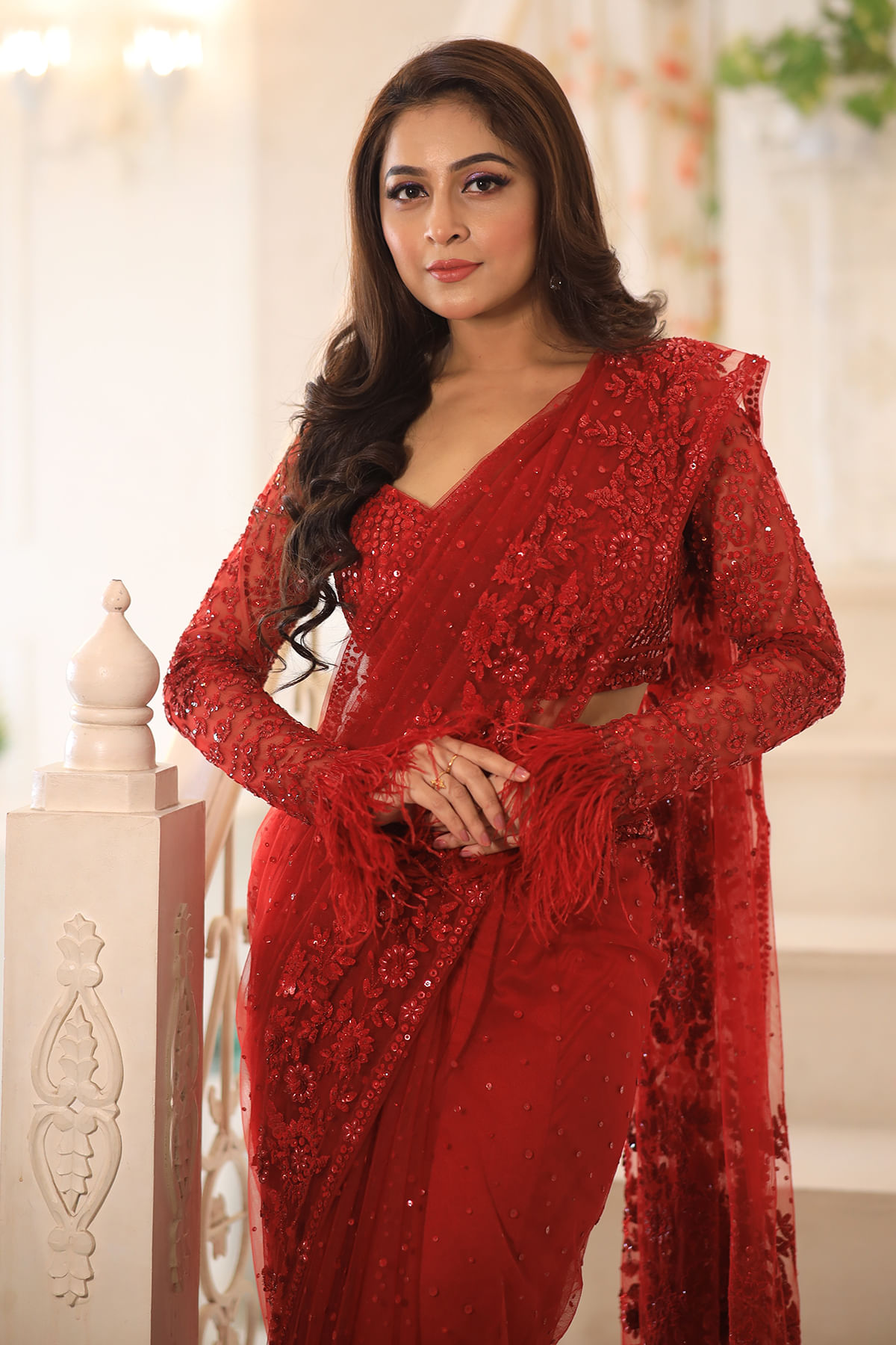 Indian Red Sequins Embroidered Net Saree (2-Piece) - Image 2