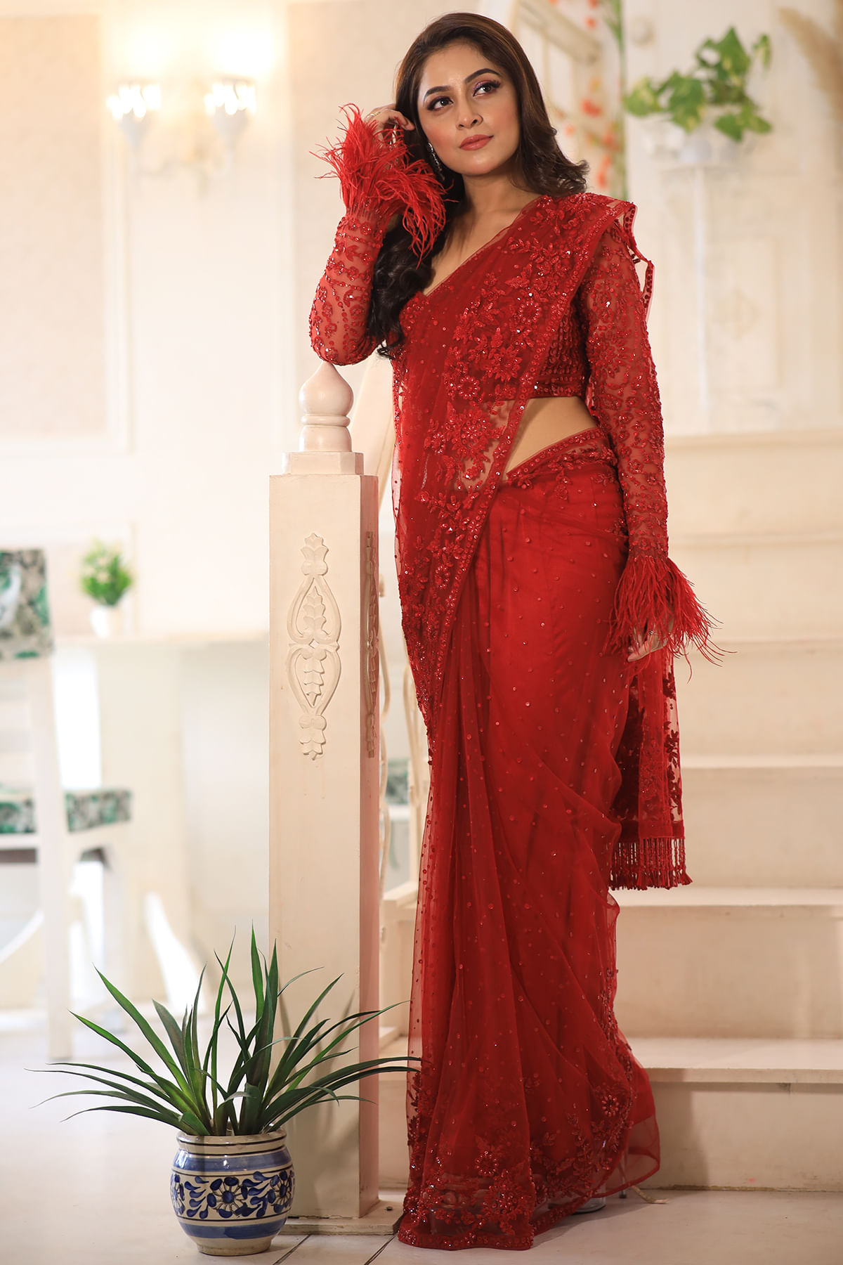 Indian Red Sequins Embroidered Net Saree (2-Piece) - Image 3