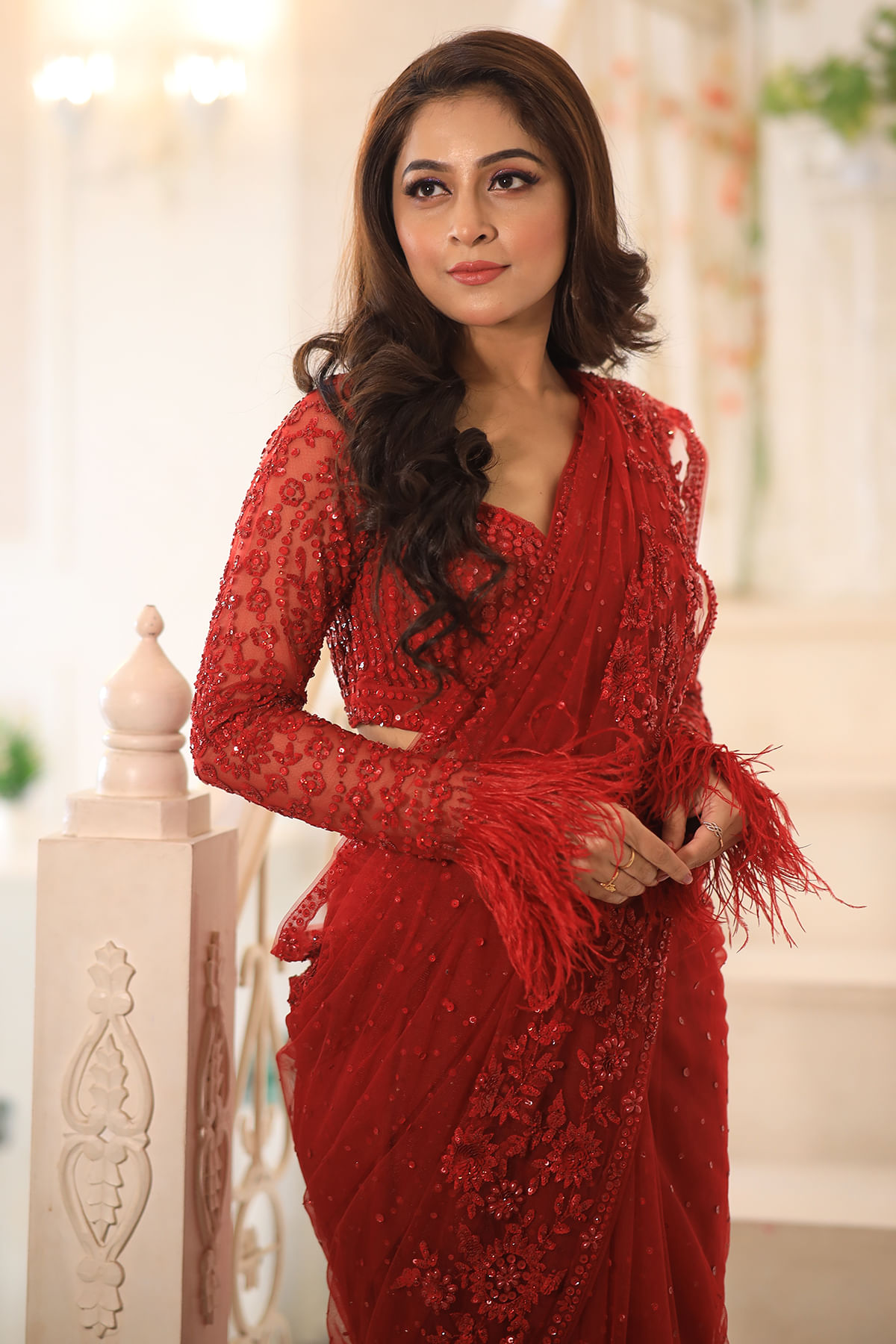 Indian Red Sequins Embroidered Net Saree (2-Piece) - Image 4