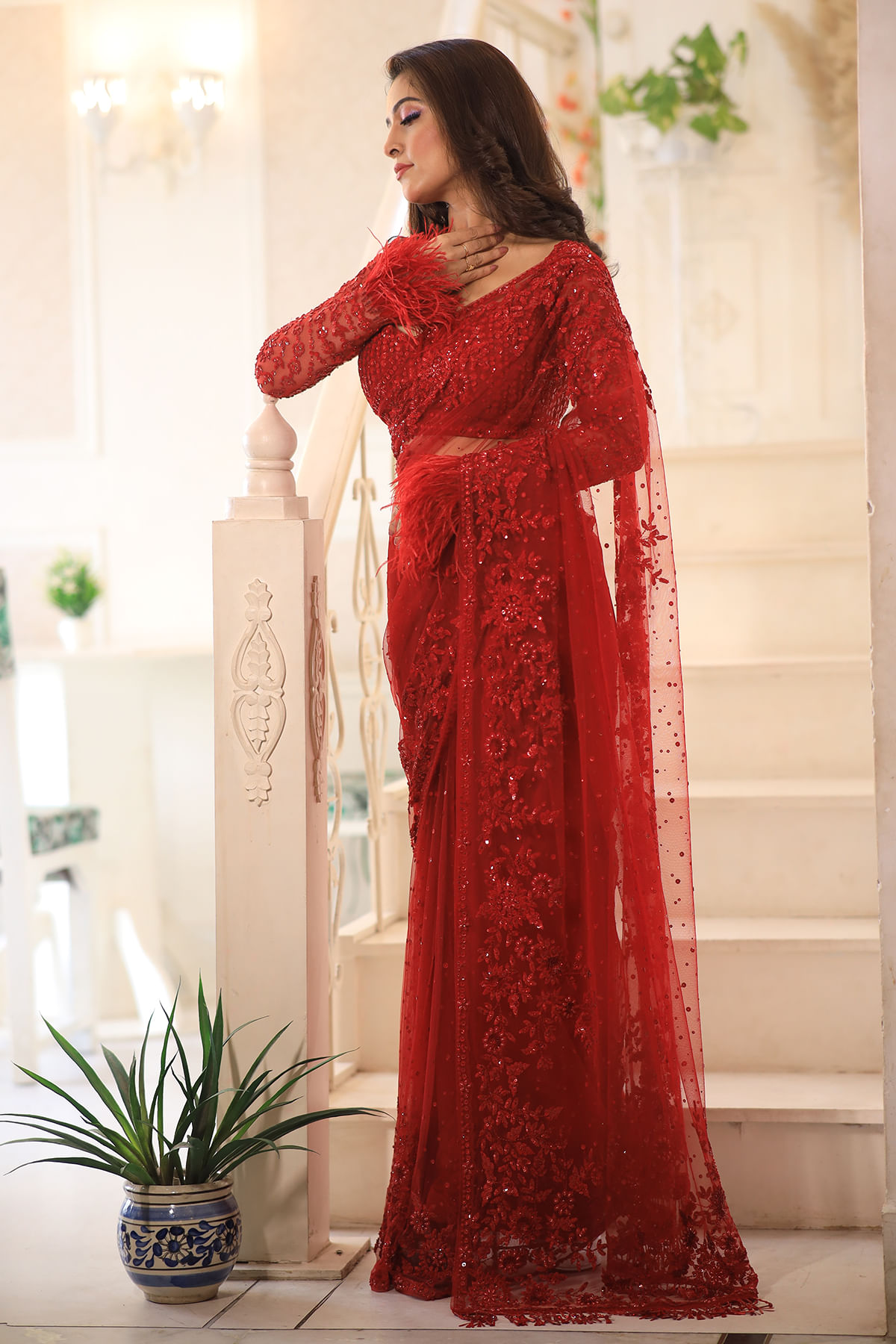 Indian Red Sequins Embroidered Net Saree (2-Piece) - Image 5