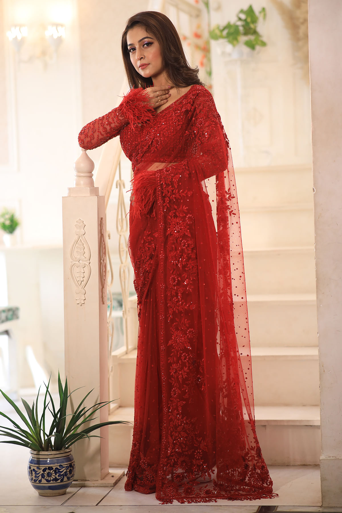 Indian Red Sequins Embroidered Net Saree (2-Piece) - Image 6