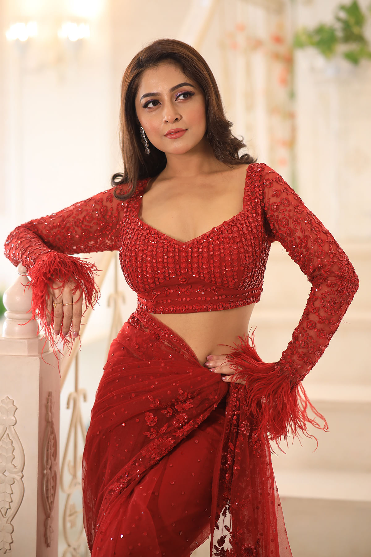 Indian Red Sequins Embroidered Net Saree (2-Piece) - Image 8