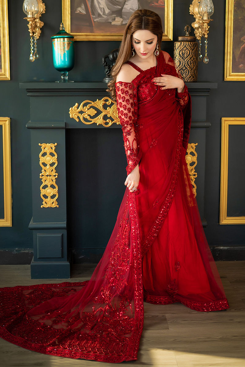 Red Hand-Embellished Net Saree (3-Piece) - Image 6