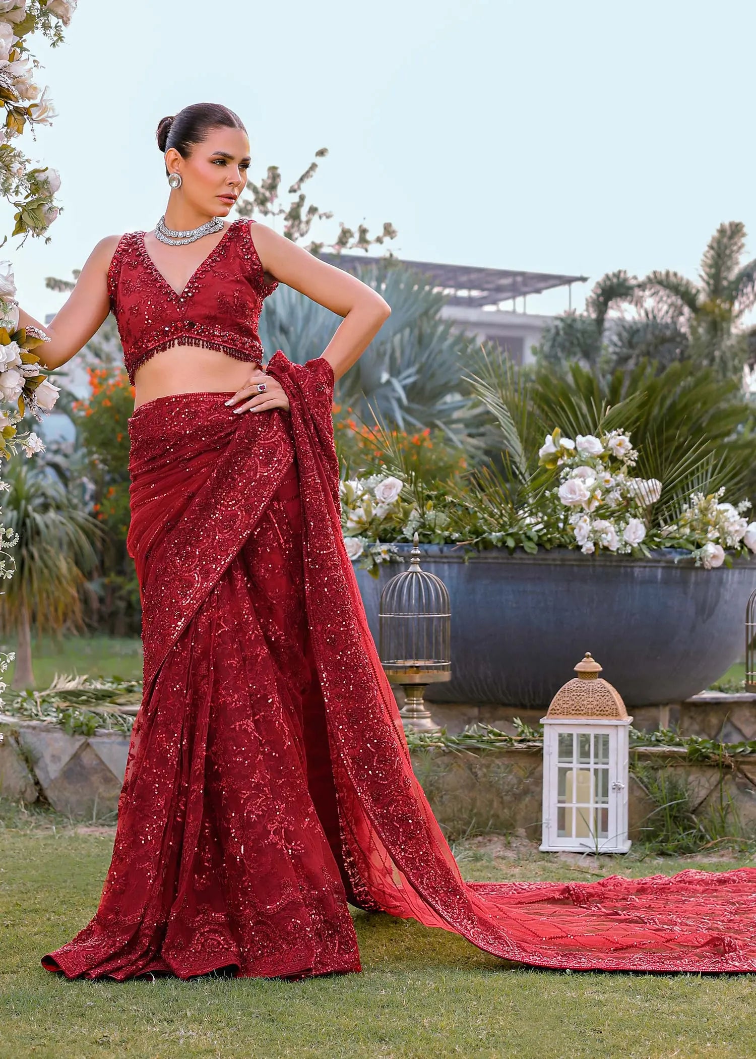 Pakistani Ruby Red Embroidered Net & Silk Saree (3-Piece) - Image 1