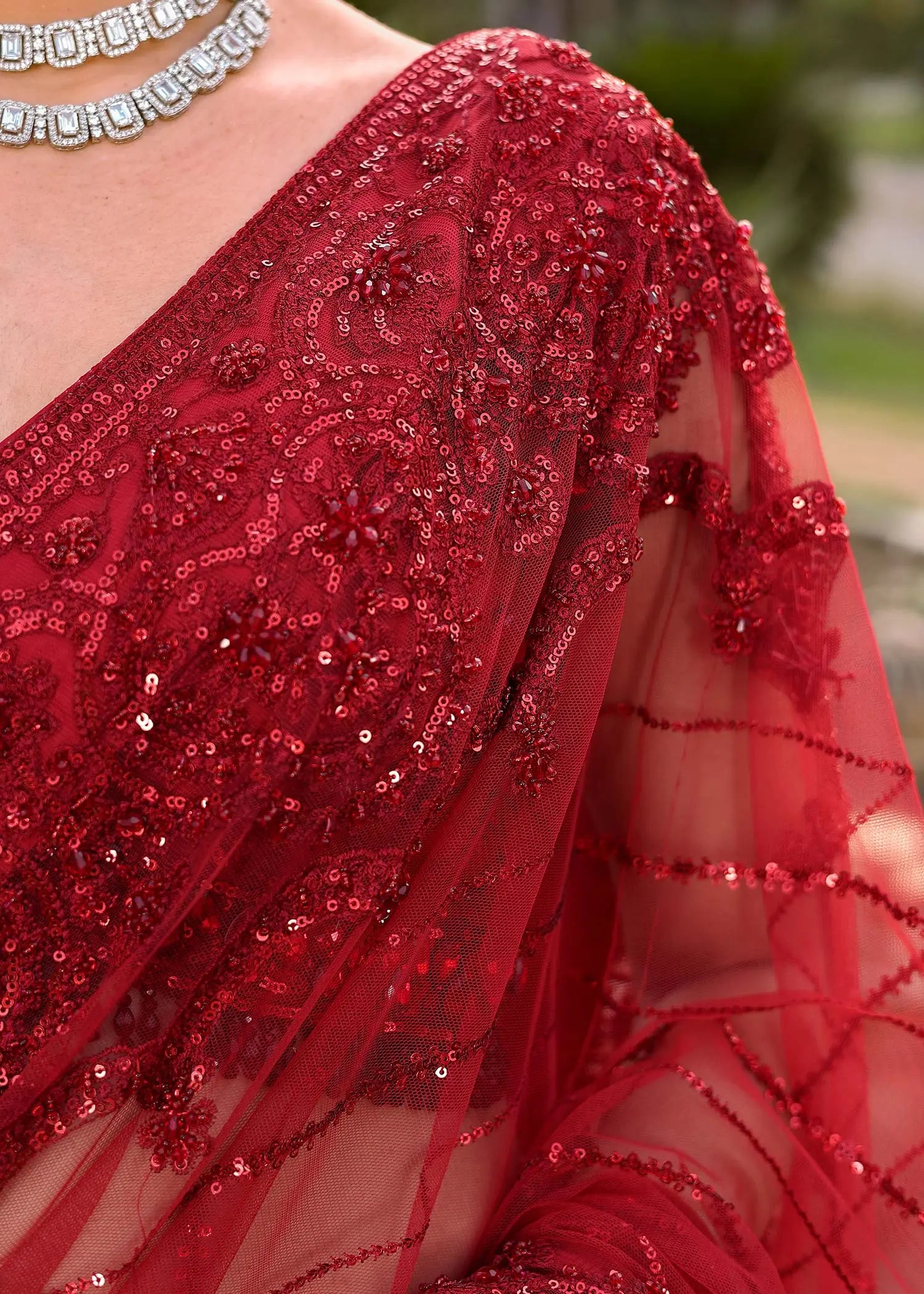 Pakistani Ruby Red Embroidered Net & Silk Saree (3-Piece) - Image 2