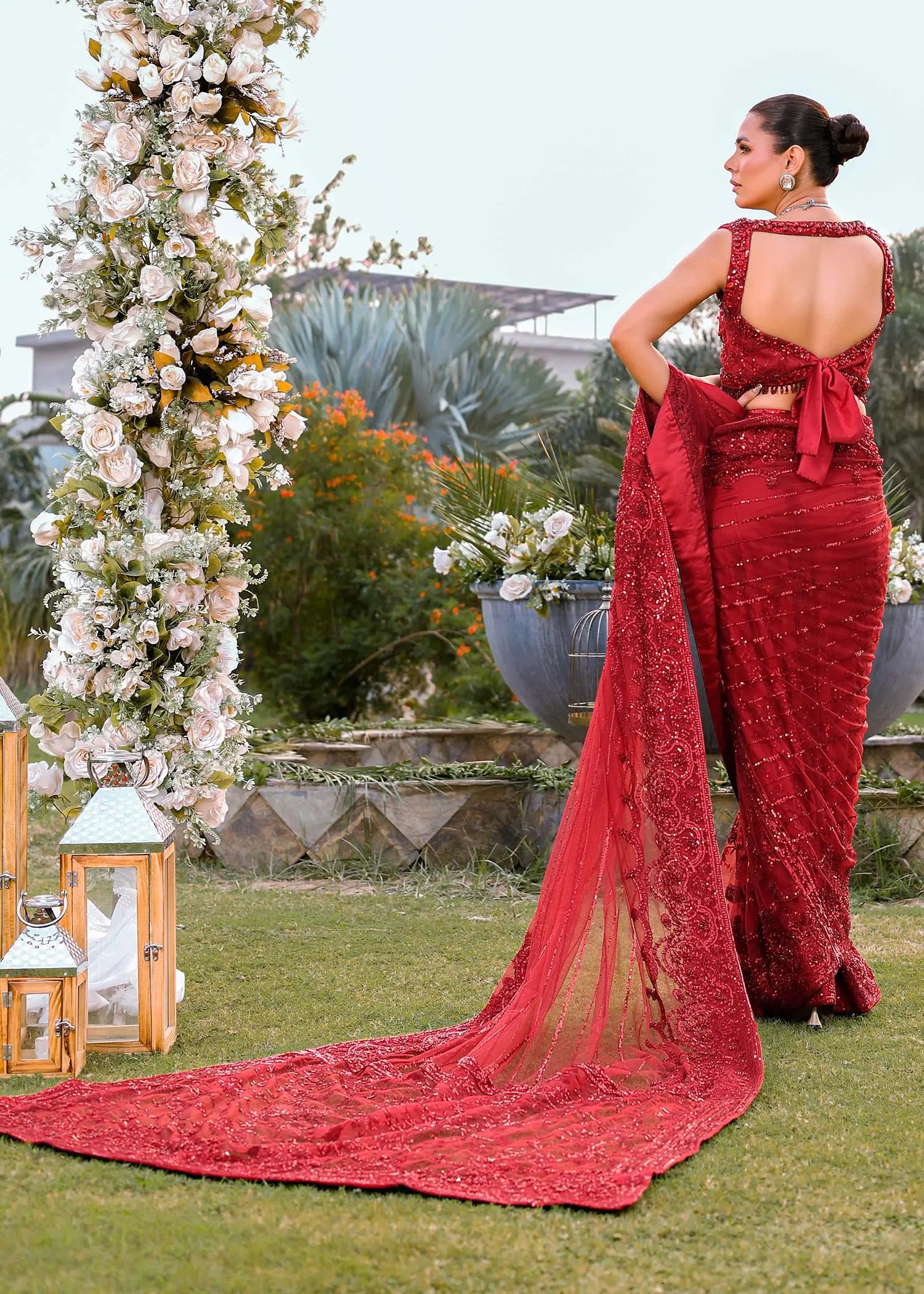 Pakistani Ruby Red Embroidered Net & Silk Saree (3-Piece) - Image 3