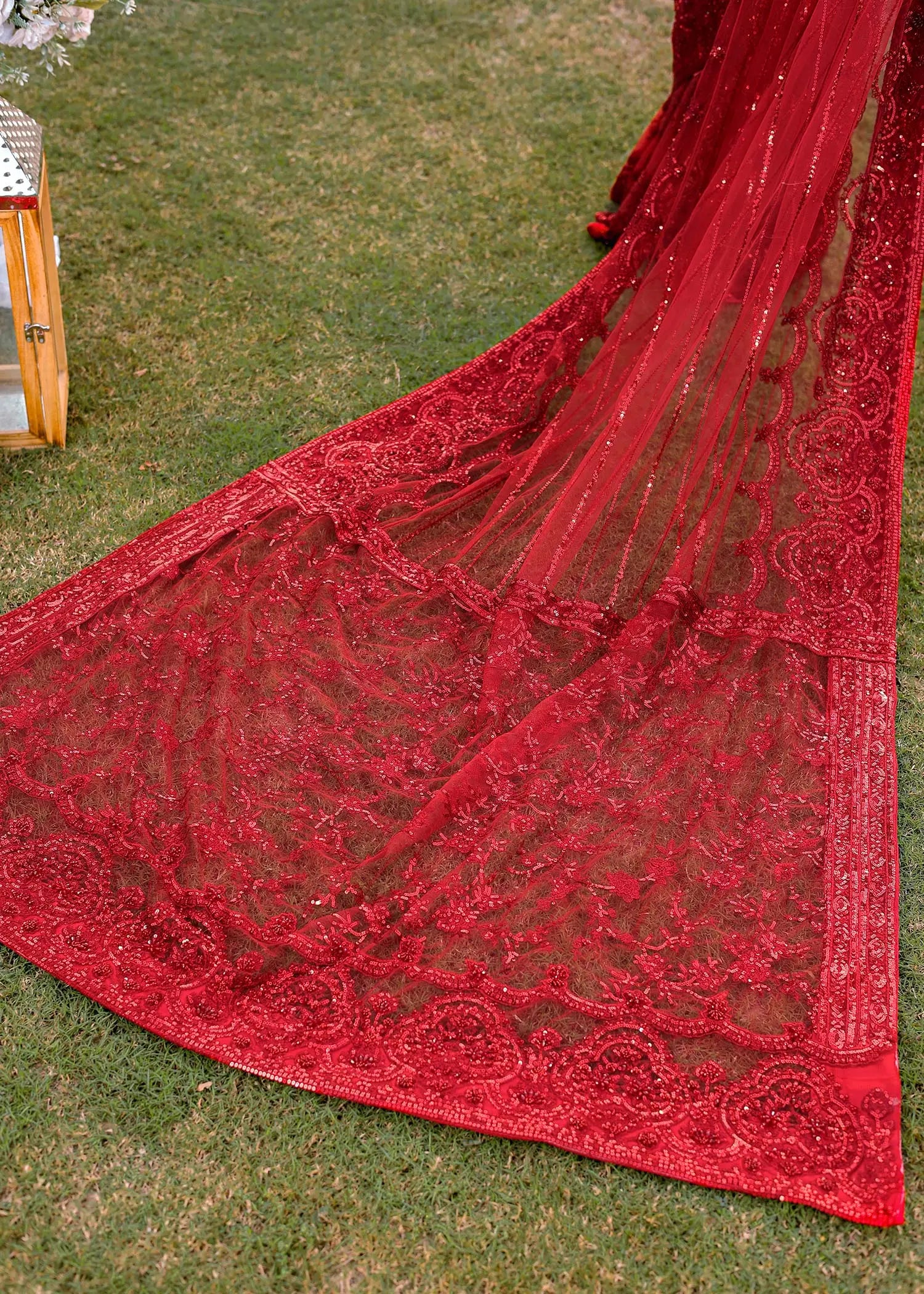 Pakistani Ruby Red Embroidered Net & Silk Saree (3-Piece) - Image 7