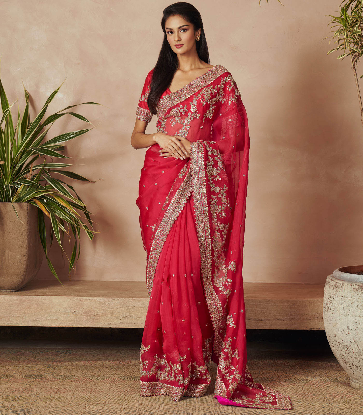 Indian Red Zardozi Organza Saree (2-Piece) - Image 1