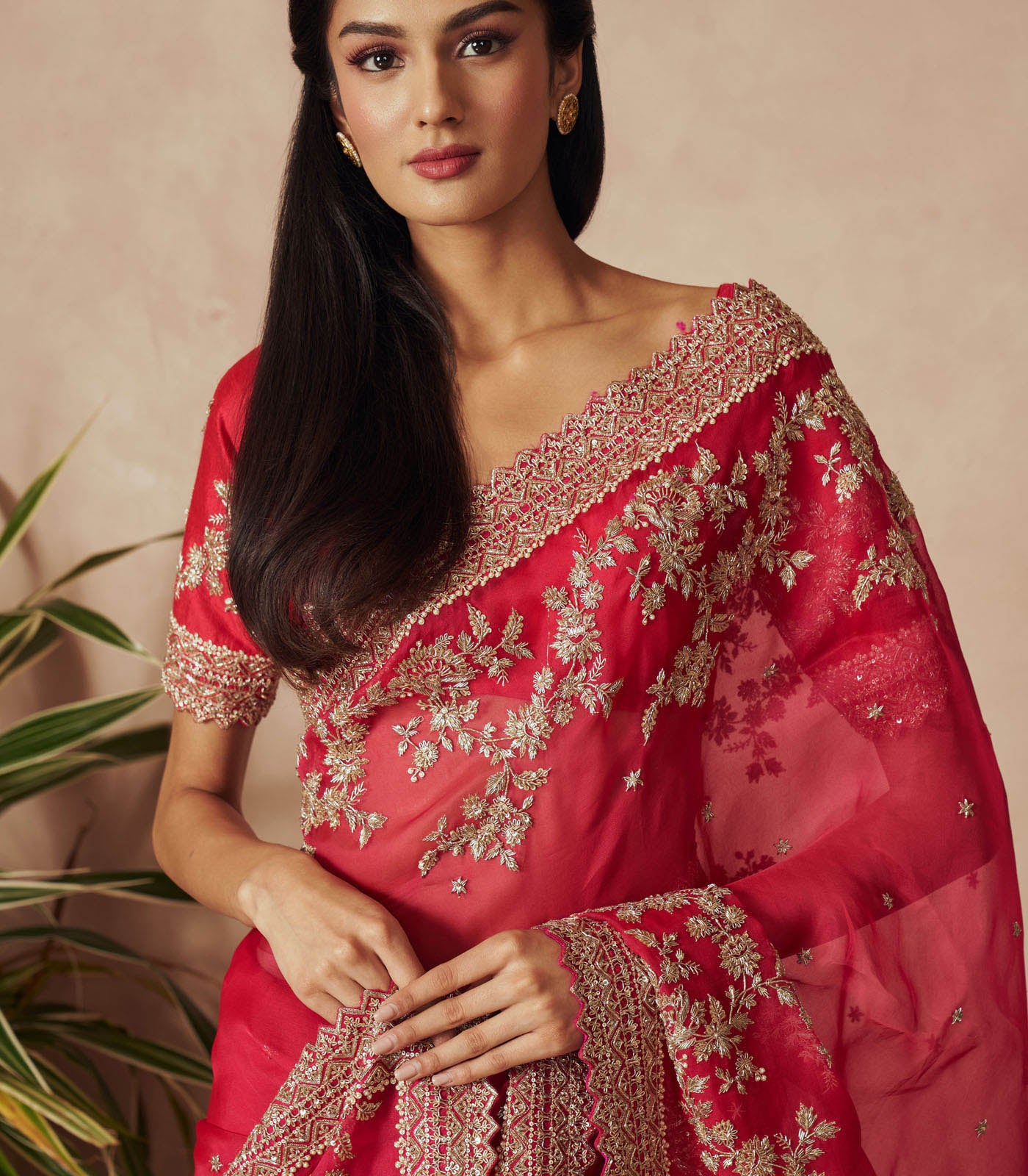 Indian Red Zardozi Organza Saree (2-Piece) - Image 2