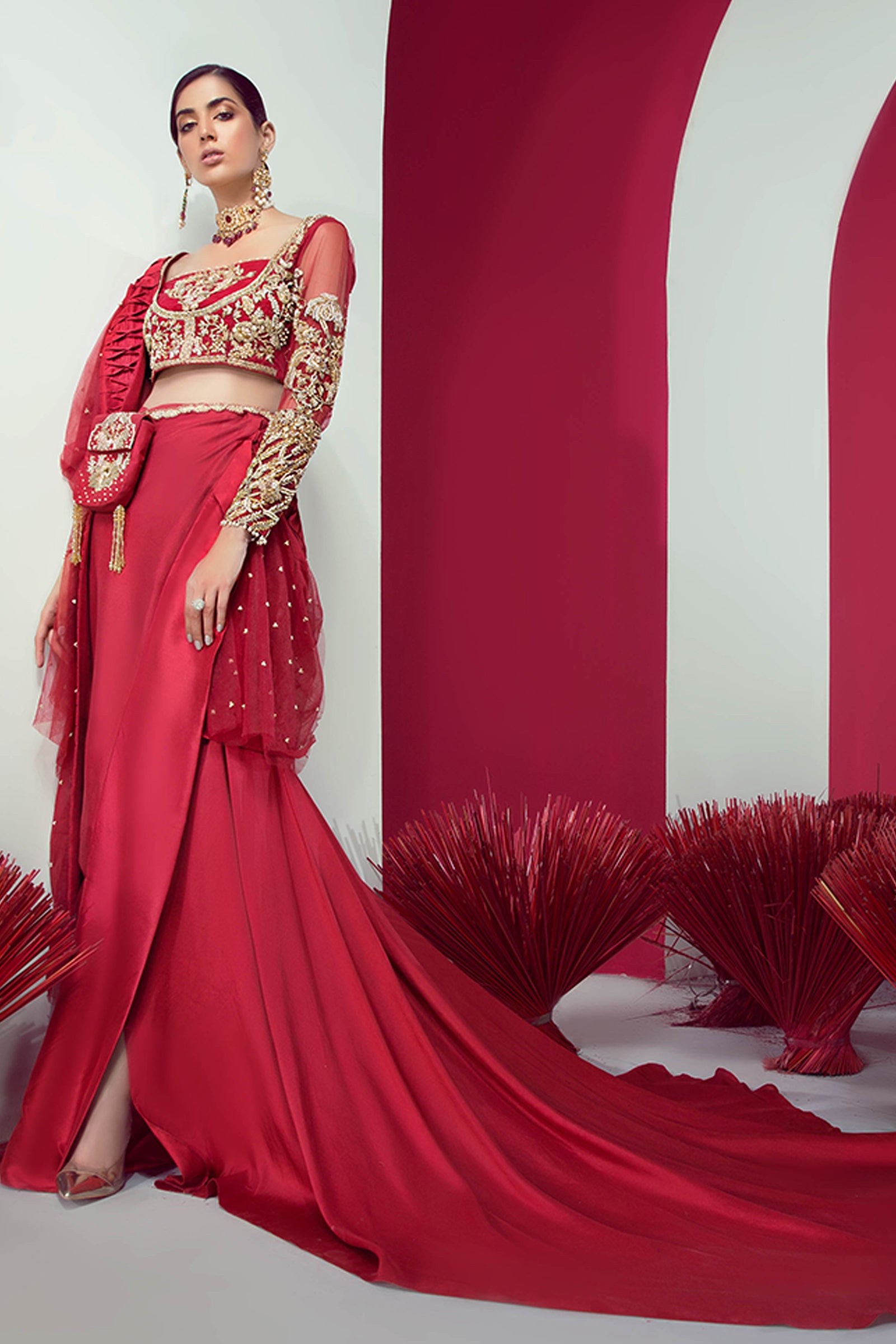 Red Hand-Embroidered Raw Silk Saree (2-Piece) - Image 1