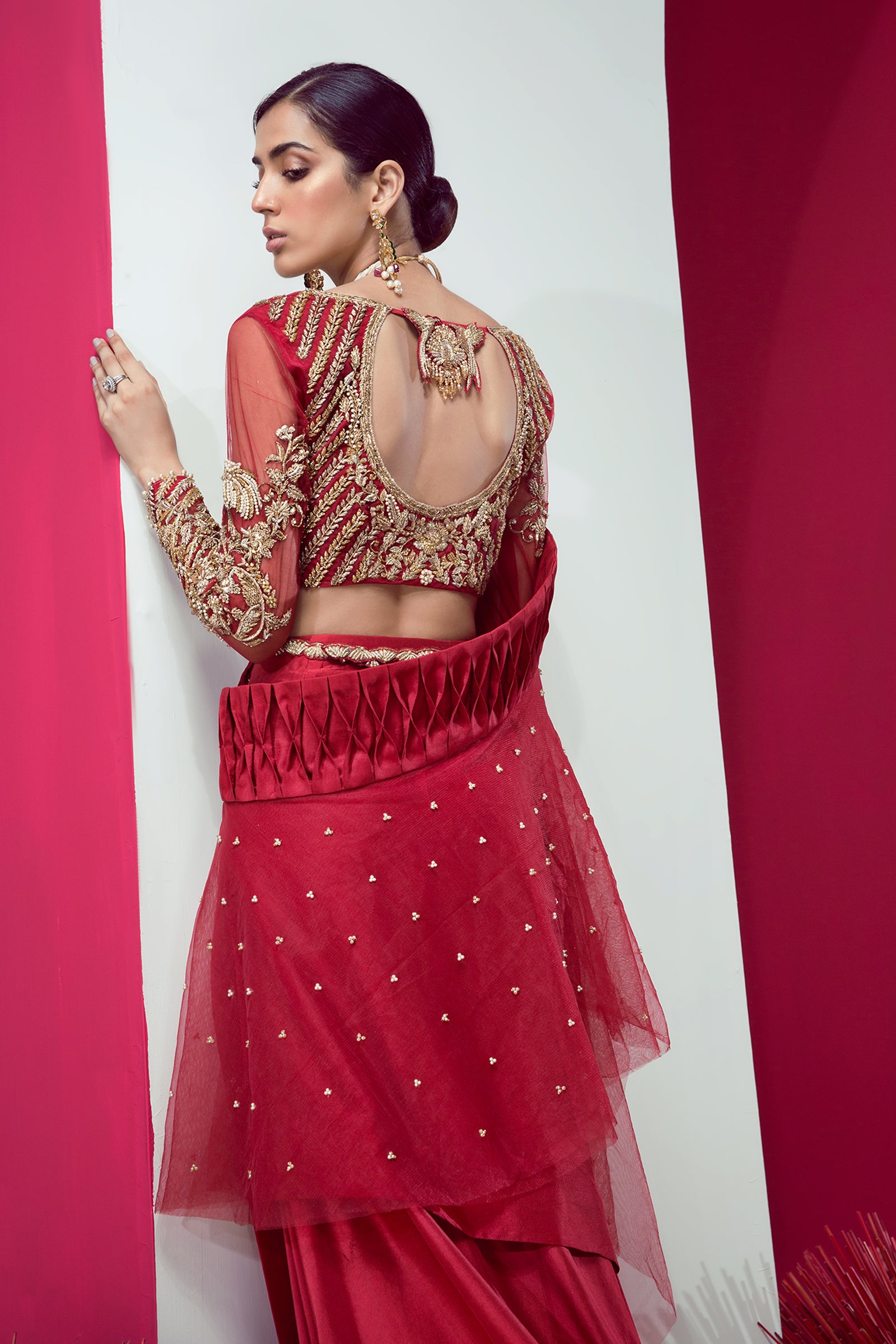 Red Hand-Embroidered Raw Silk Saree (2-Piece) - Image 2