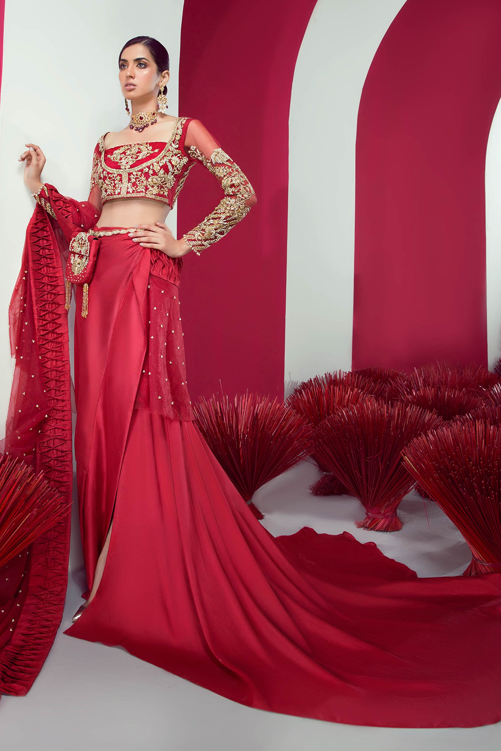 Red Hand-Embroidered Raw Silk Saree (2-Piece) - Image 3