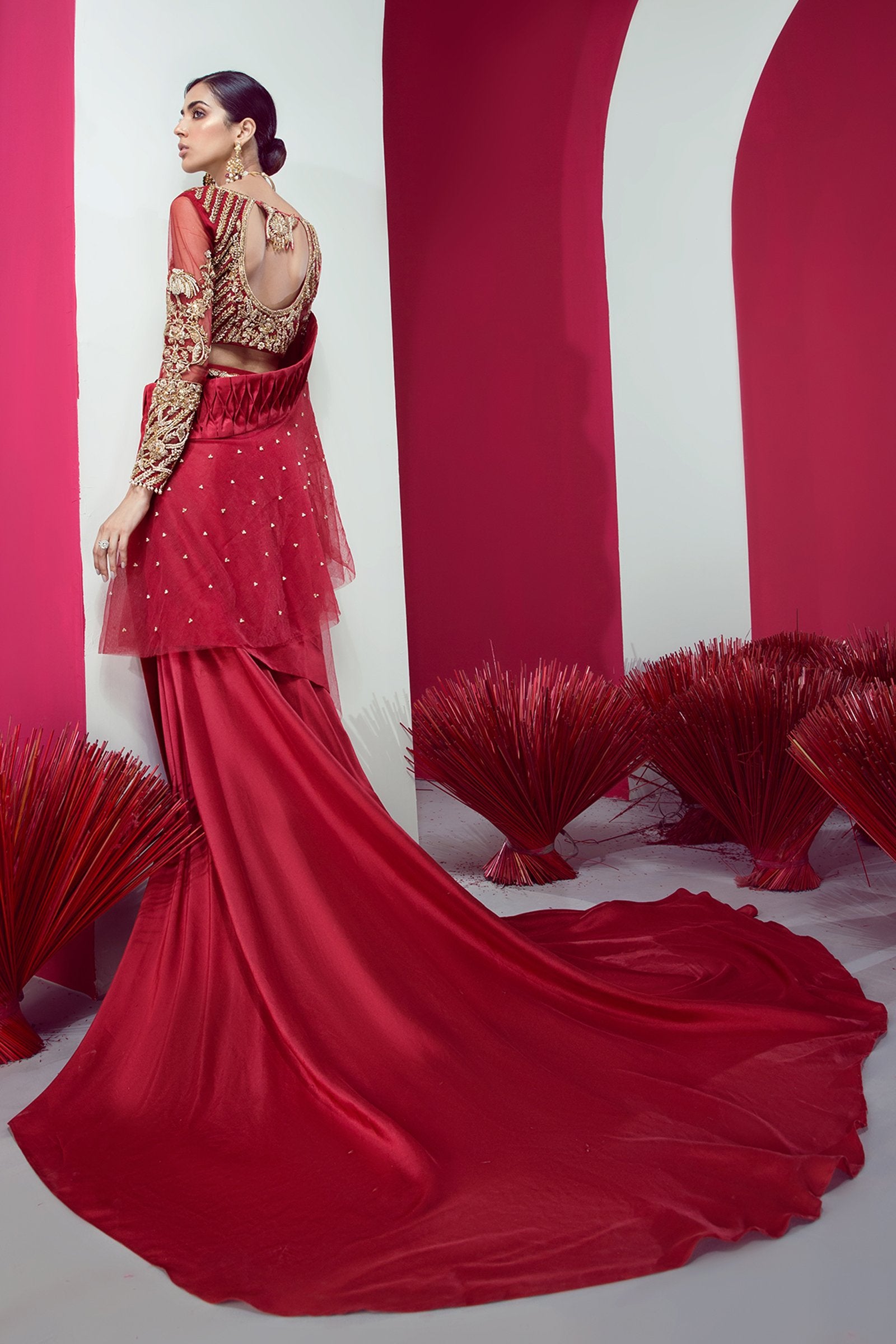 Red Hand-Embroidered Raw Silk Saree (2-Piece) - Image 4