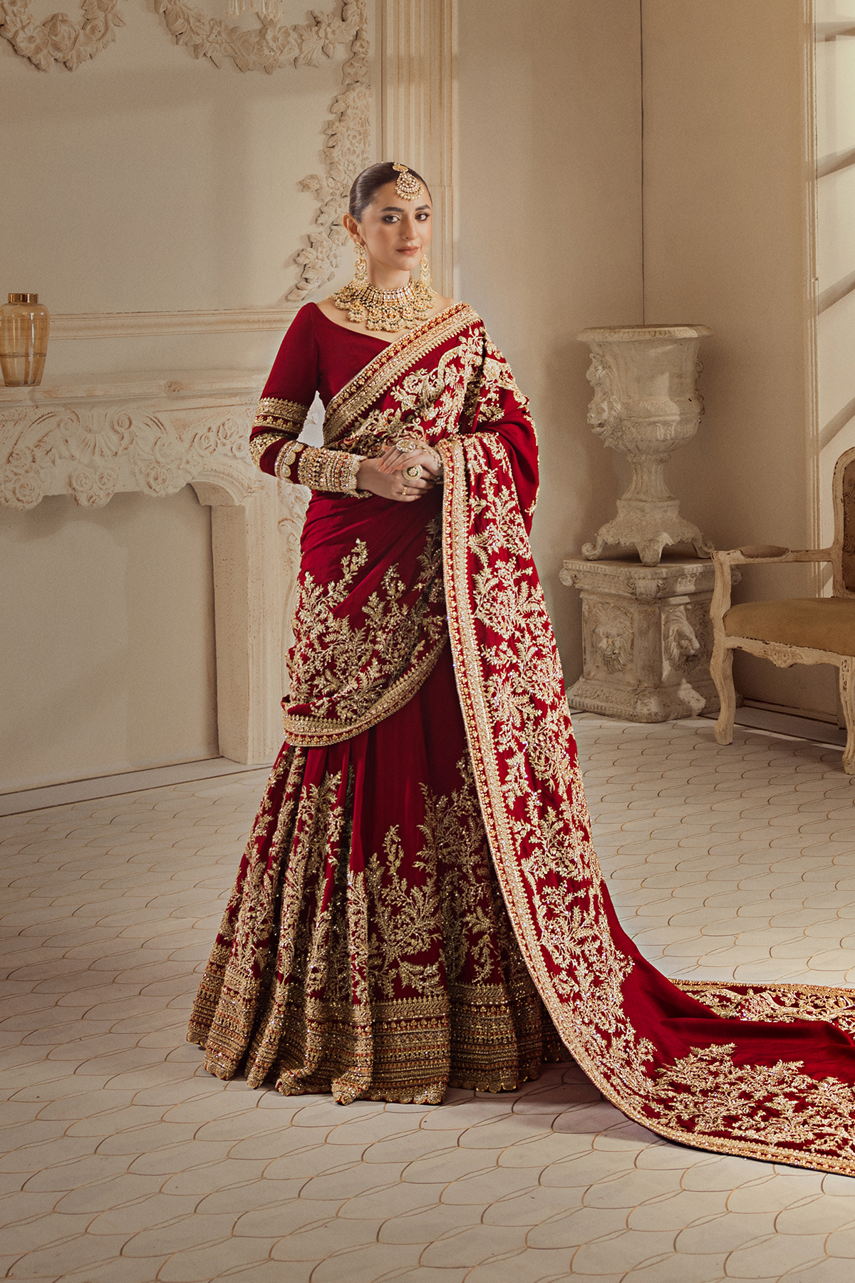 Pakistani Ruby Red Zardozi Raw Silk Lehnga Saree (3-Piece) - Image 2