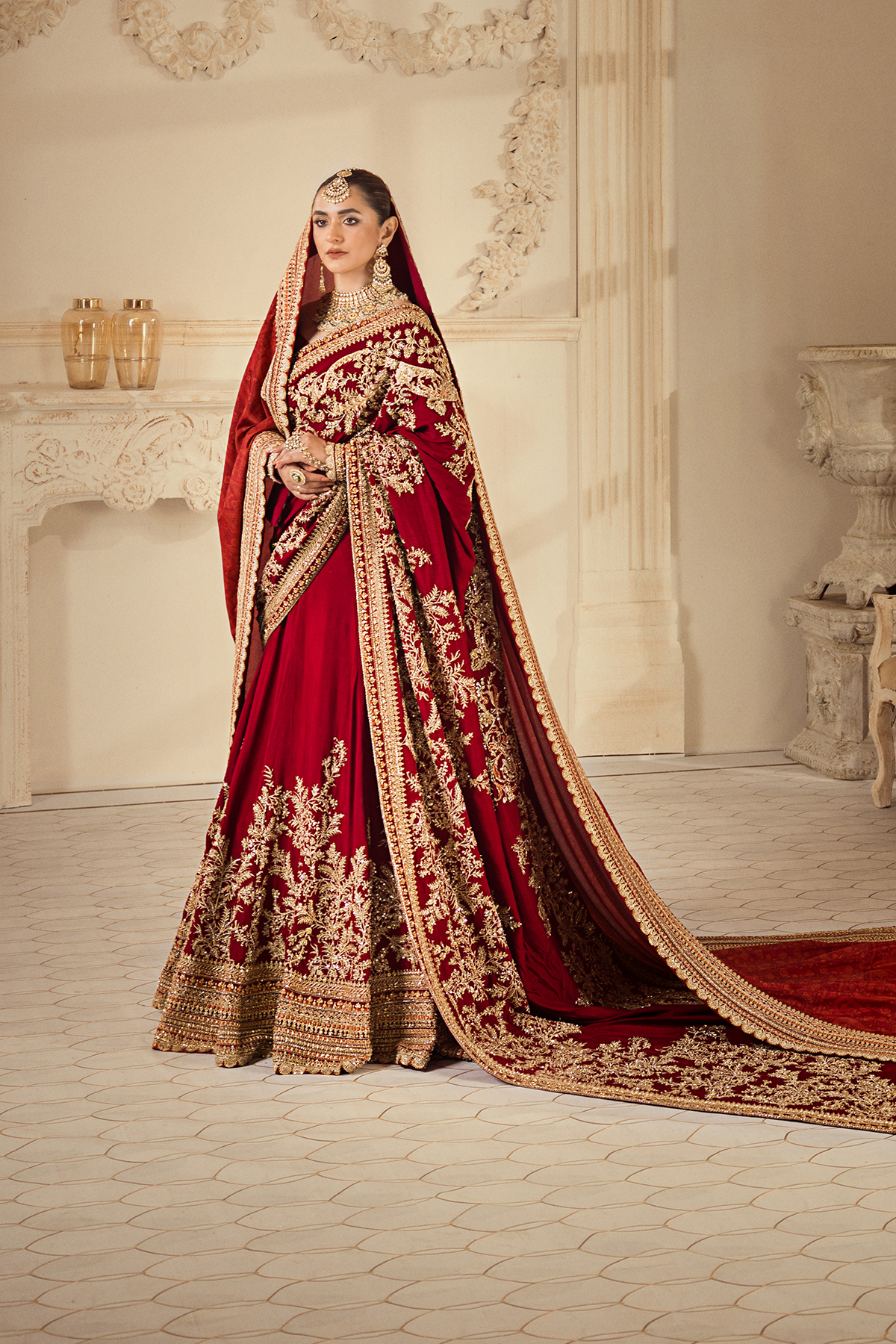 Pakistani Ruby Red Zardozi Raw Silk Lehnga Saree (3-Piece) - Image 6