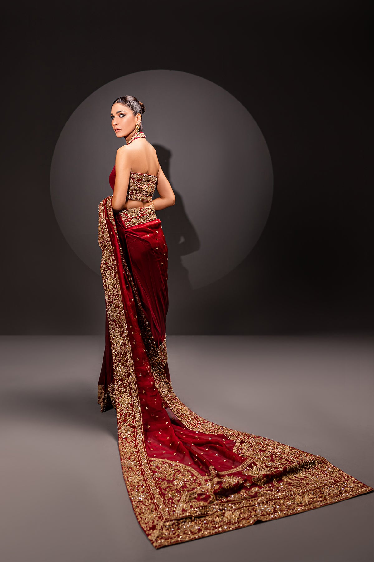 Deep Red Zardozi Raw Silk & Organza Bridal Sari (3-Piece) - Image 2
