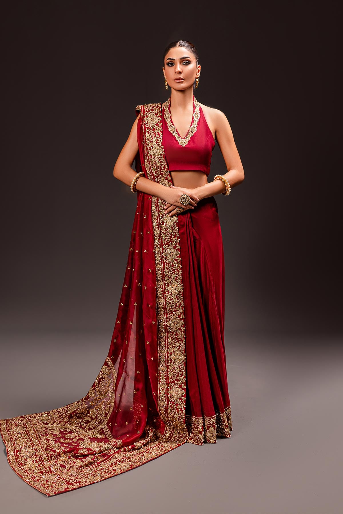 Deep Red Zardozi Raw Silk & Organza Bridal Sari (3-Piece) - Image 1