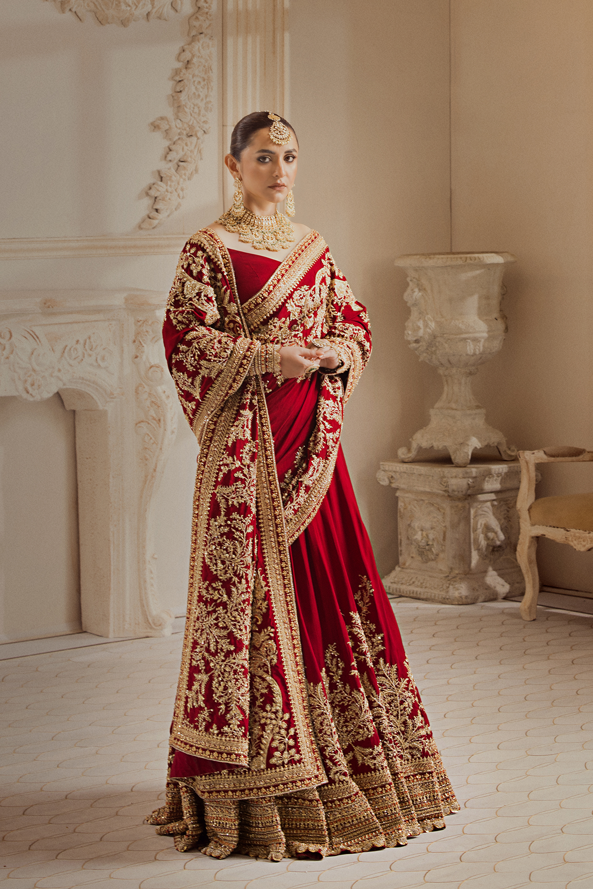 Ruby Red Zardozi Raw Silk Lehnga Saari (3-Piece) - Image 1