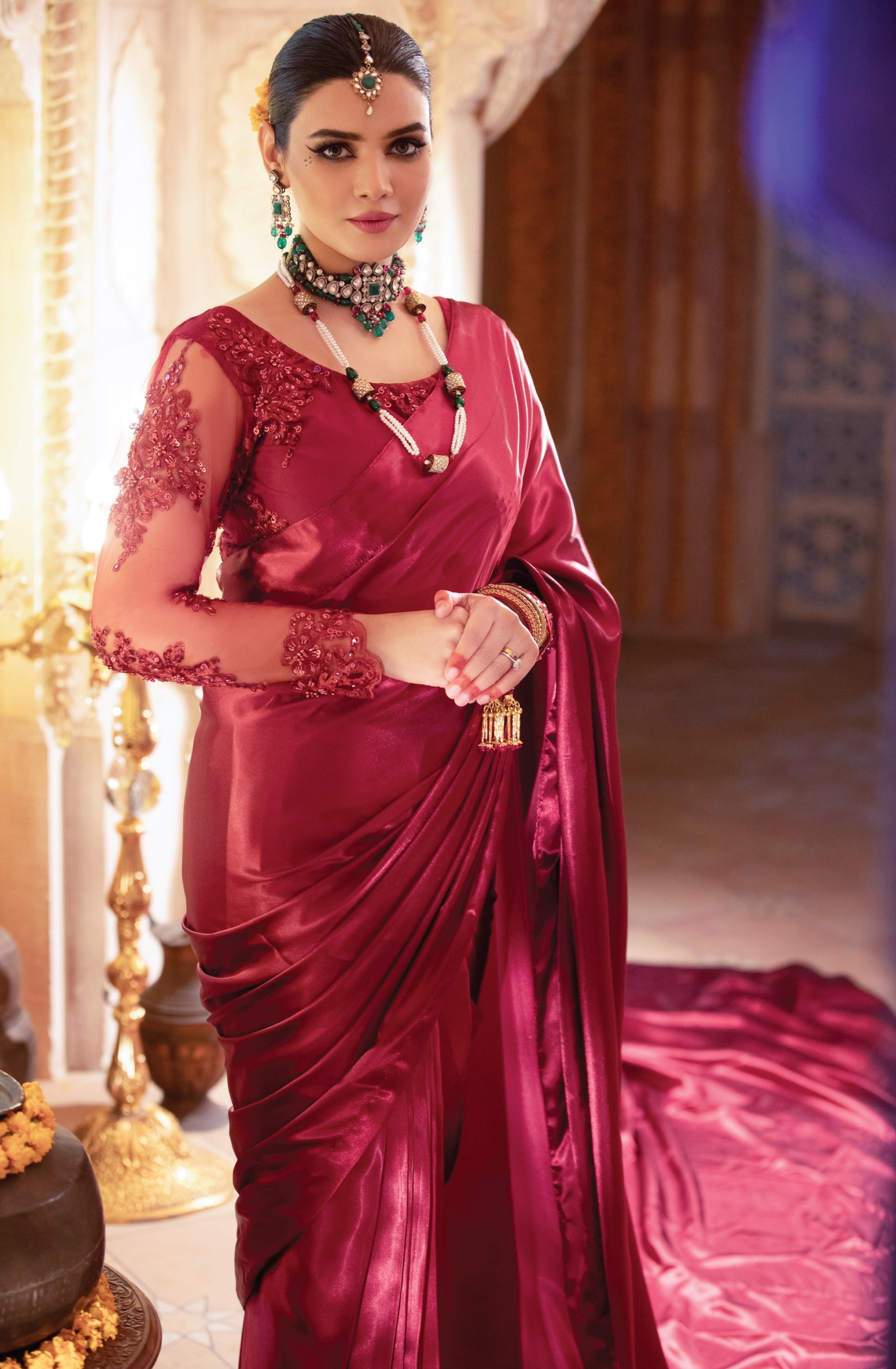 Wine Red Embroidered Net & Silk Saree (2-Piece) - Image 1