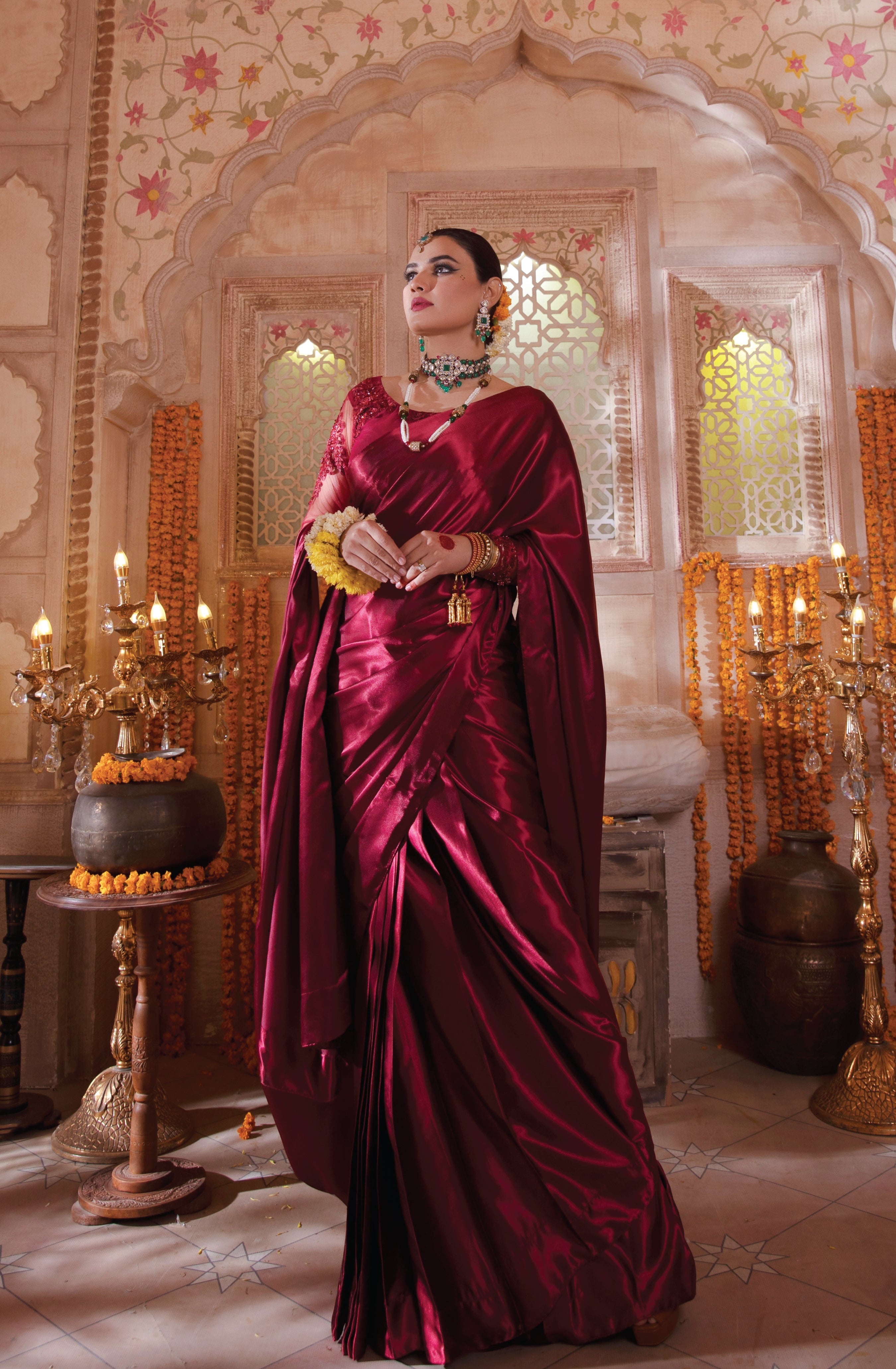 Wine Red Embroidered Net & Silk Saree (2-Piece) - Image 2