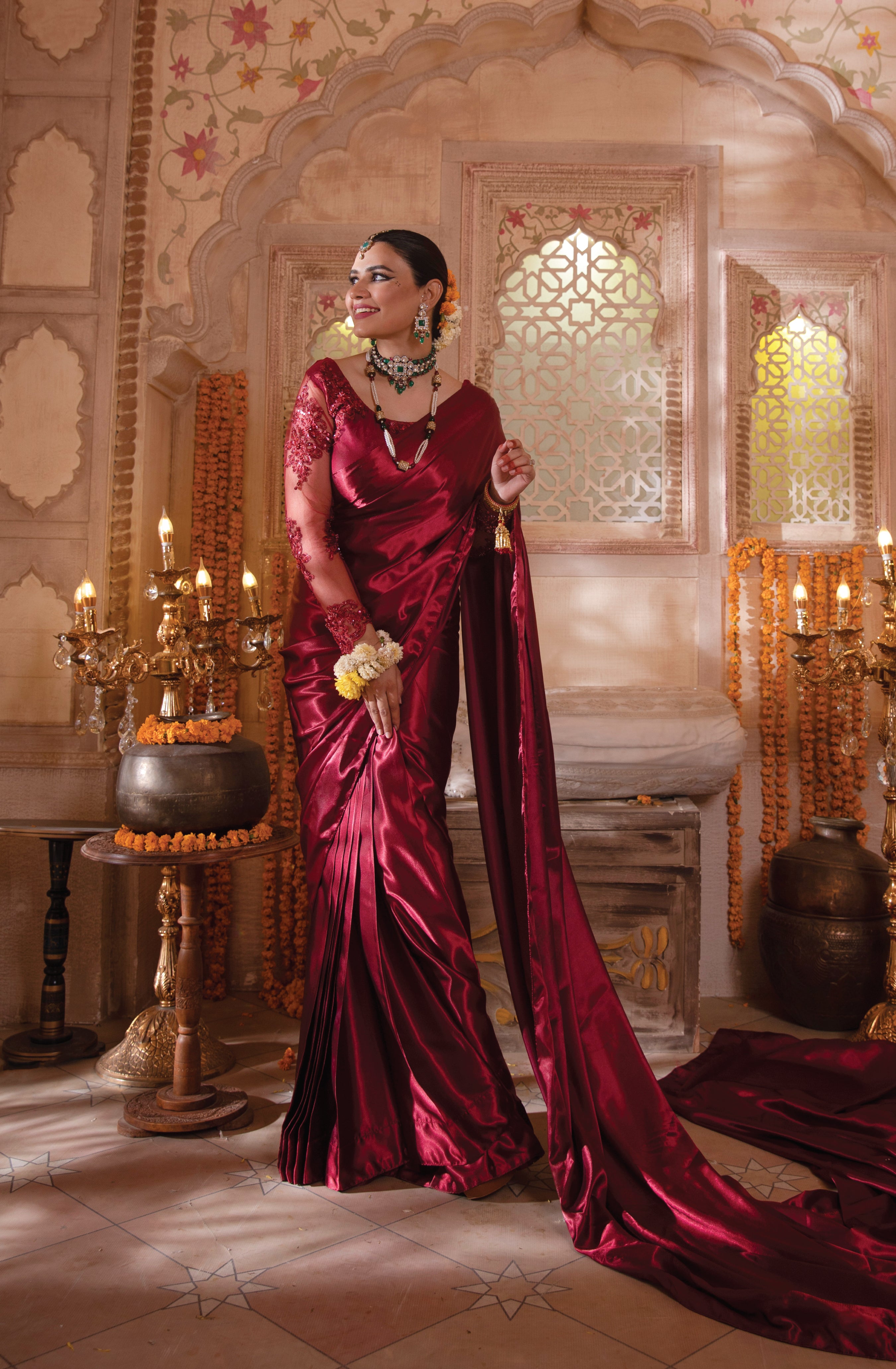 Wine Red Embroidered Net & Silk Saree (2-Piece) - Image 3