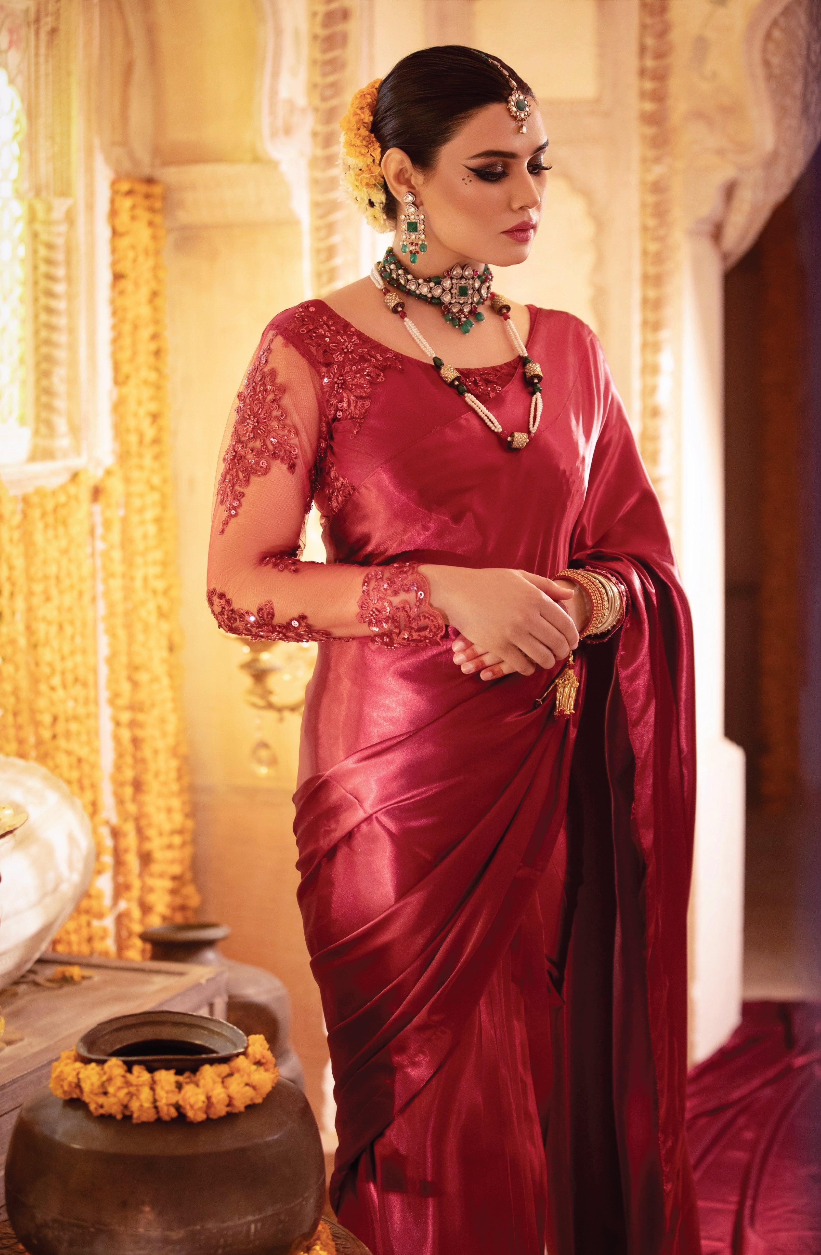 Wine Red Embroidered Net & Silk Saree (2-Piece) - Image 4