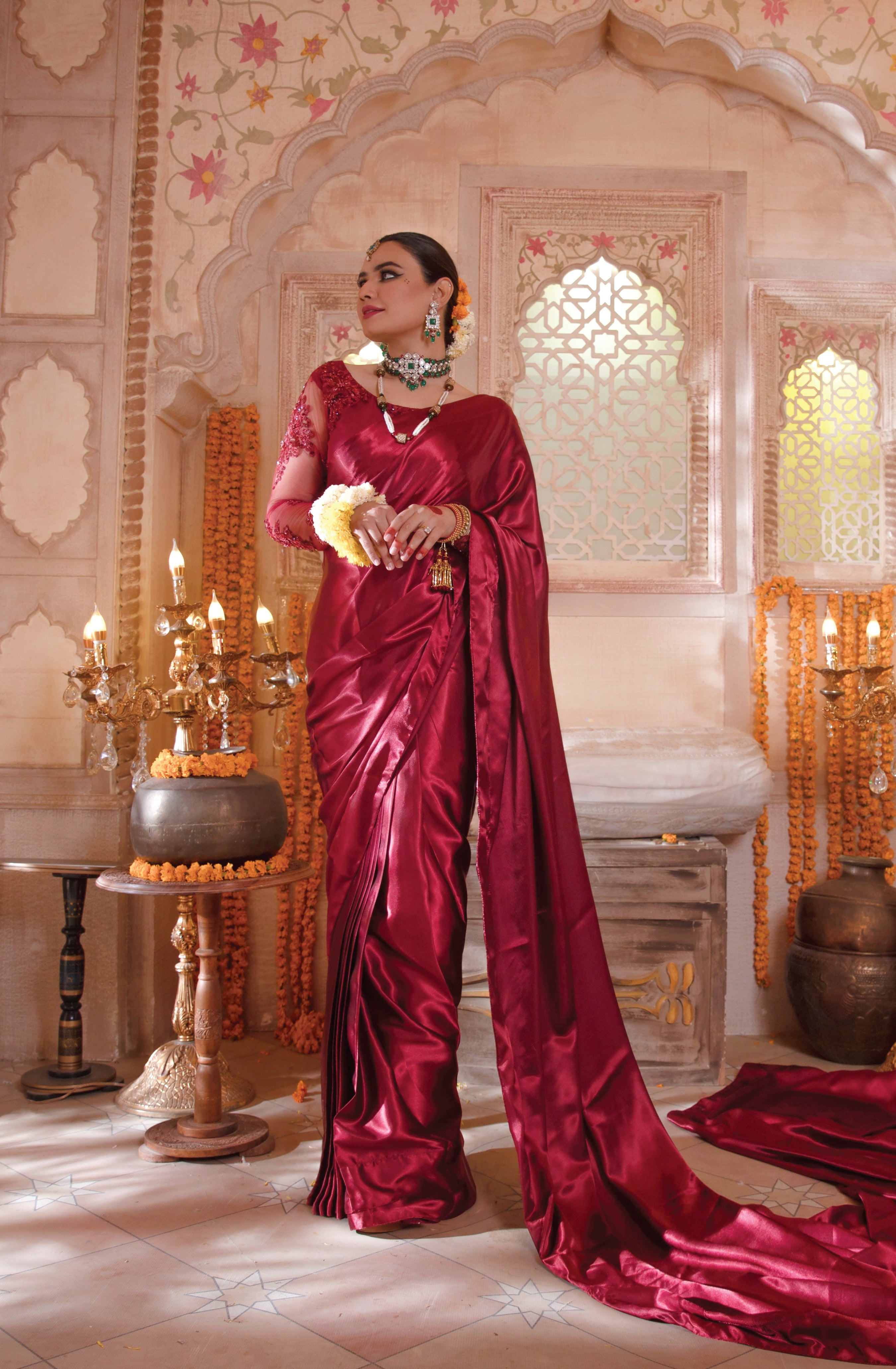 Wine Red Embroidered Net & Silk Saree (2-Piece) - Image 5