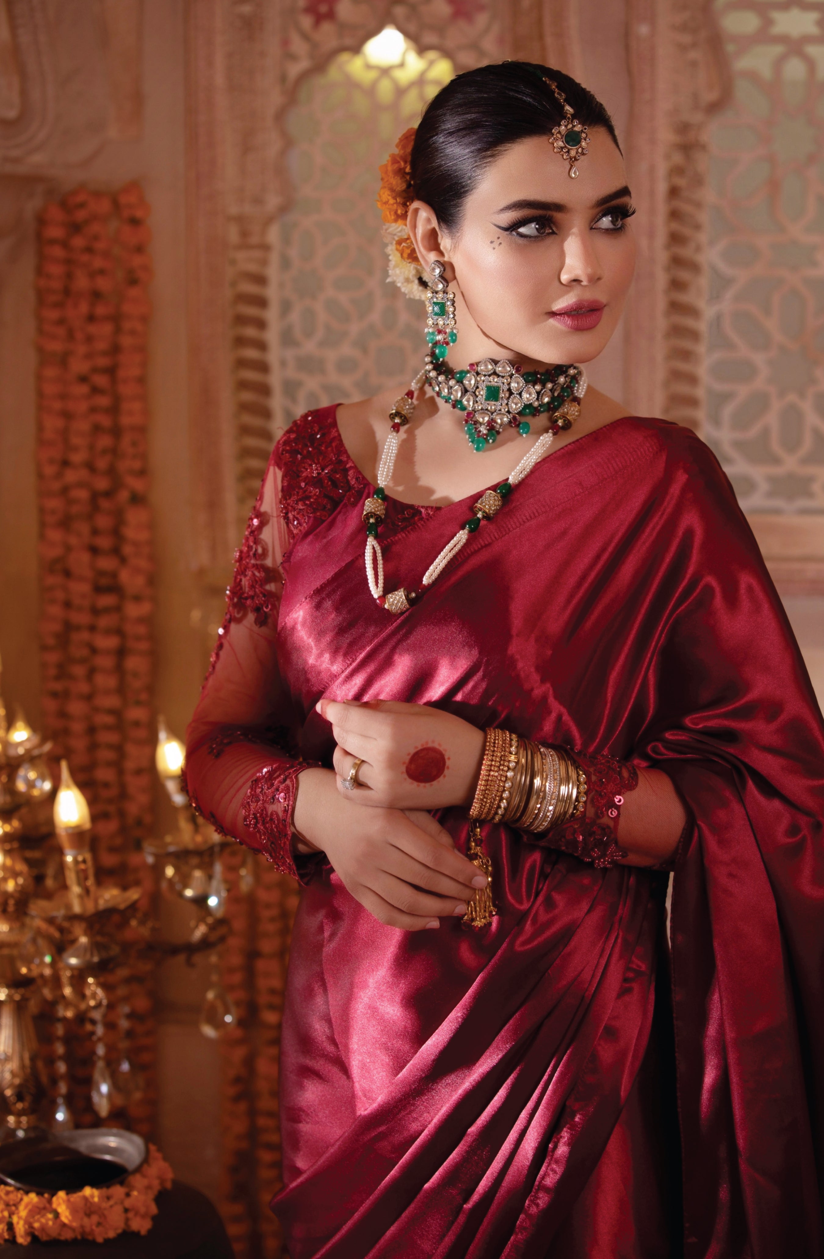 Wine Red Embroidered Net & Silk Saree (2-Piece) - Image 6