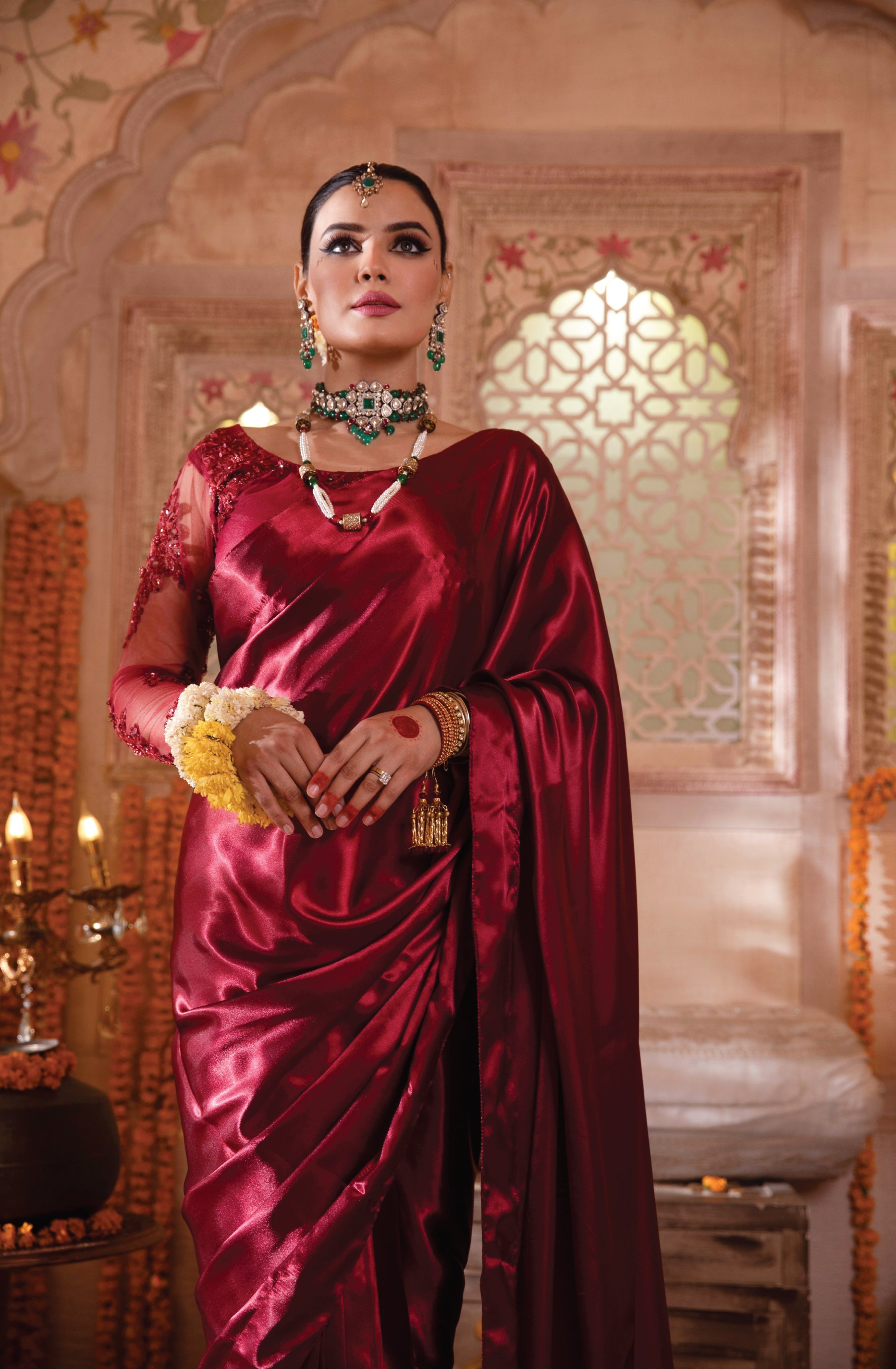 Wine Red Embroidered Net & Silk Saree (2-Piece) - Image 7