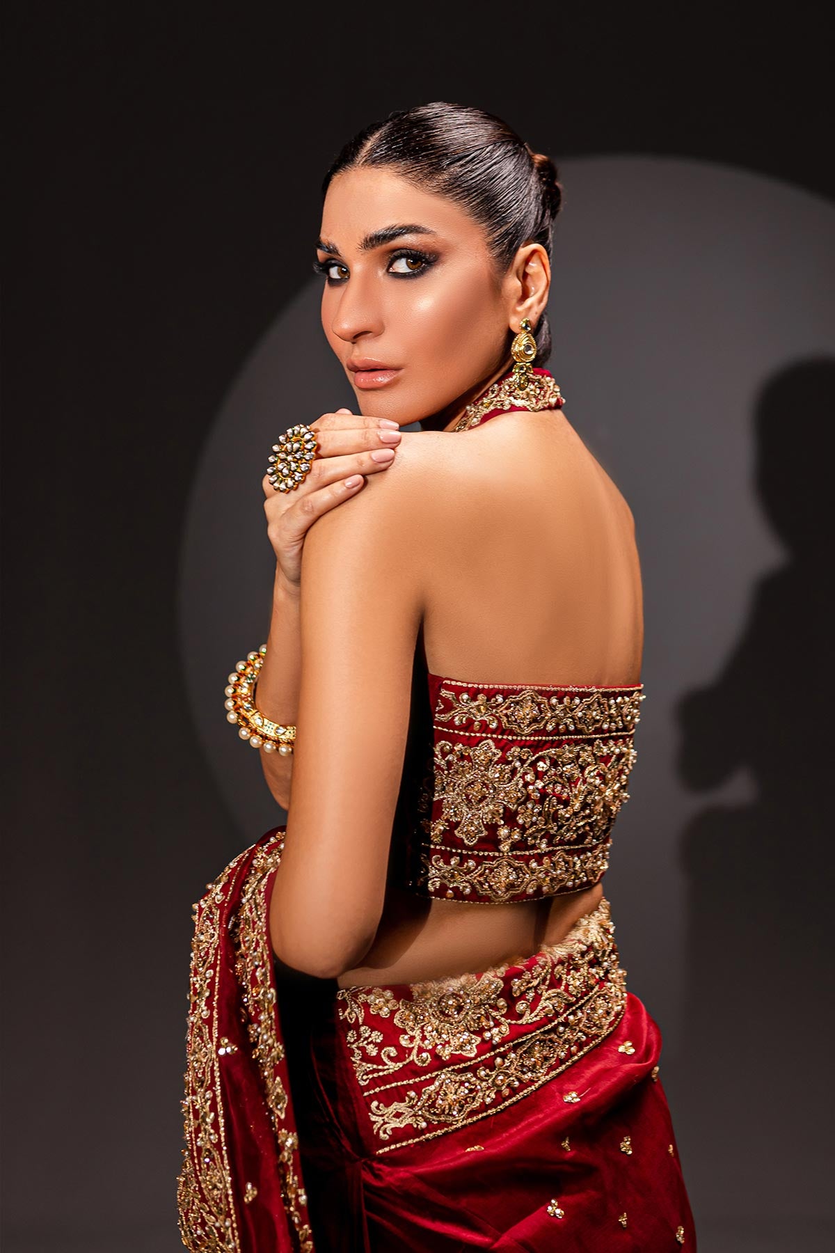 Deep Red Zardozi Raw Silk & Organza Bridal Saree (3-Piece) - Image 4