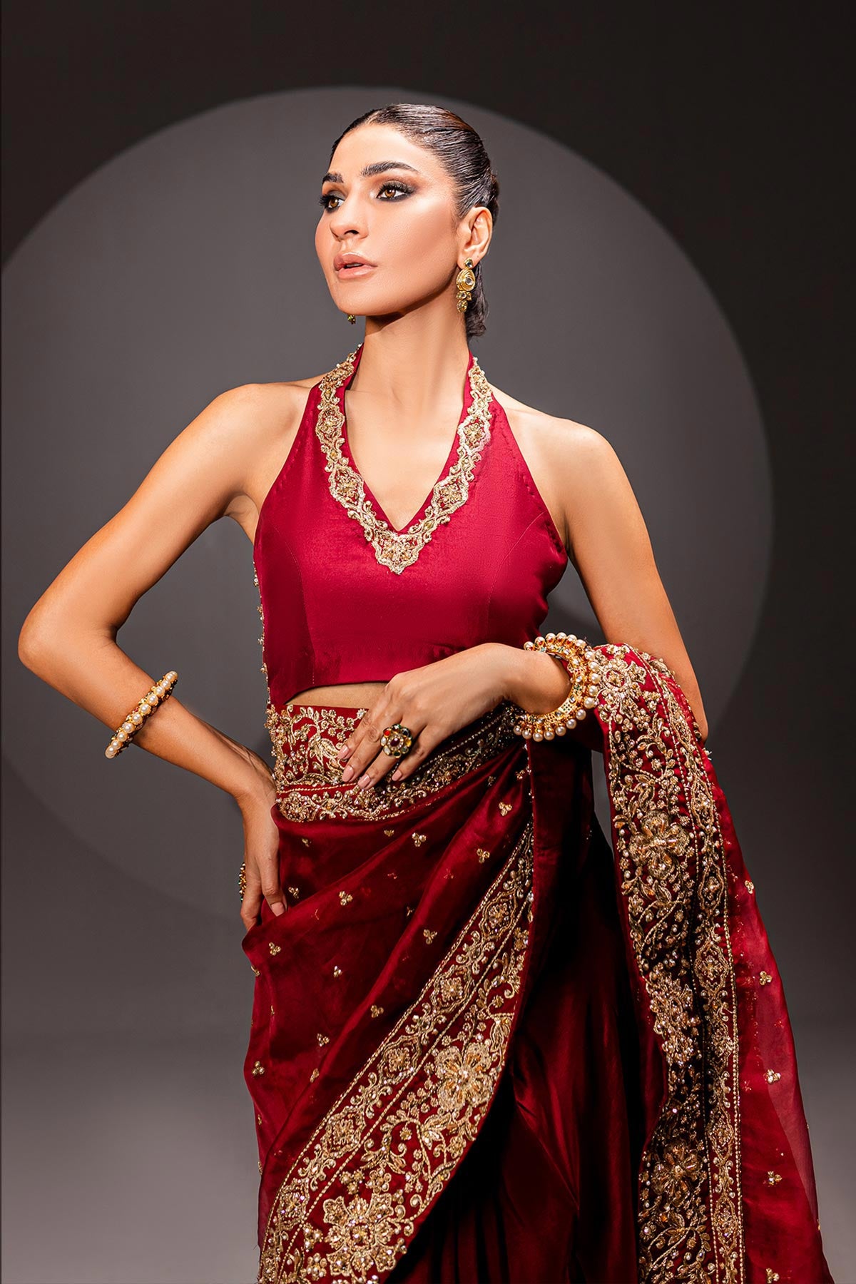 Pakistani Deep Red Zardozi Raw Silk & Organza Bridal Sari (3-Piece) - Image 3