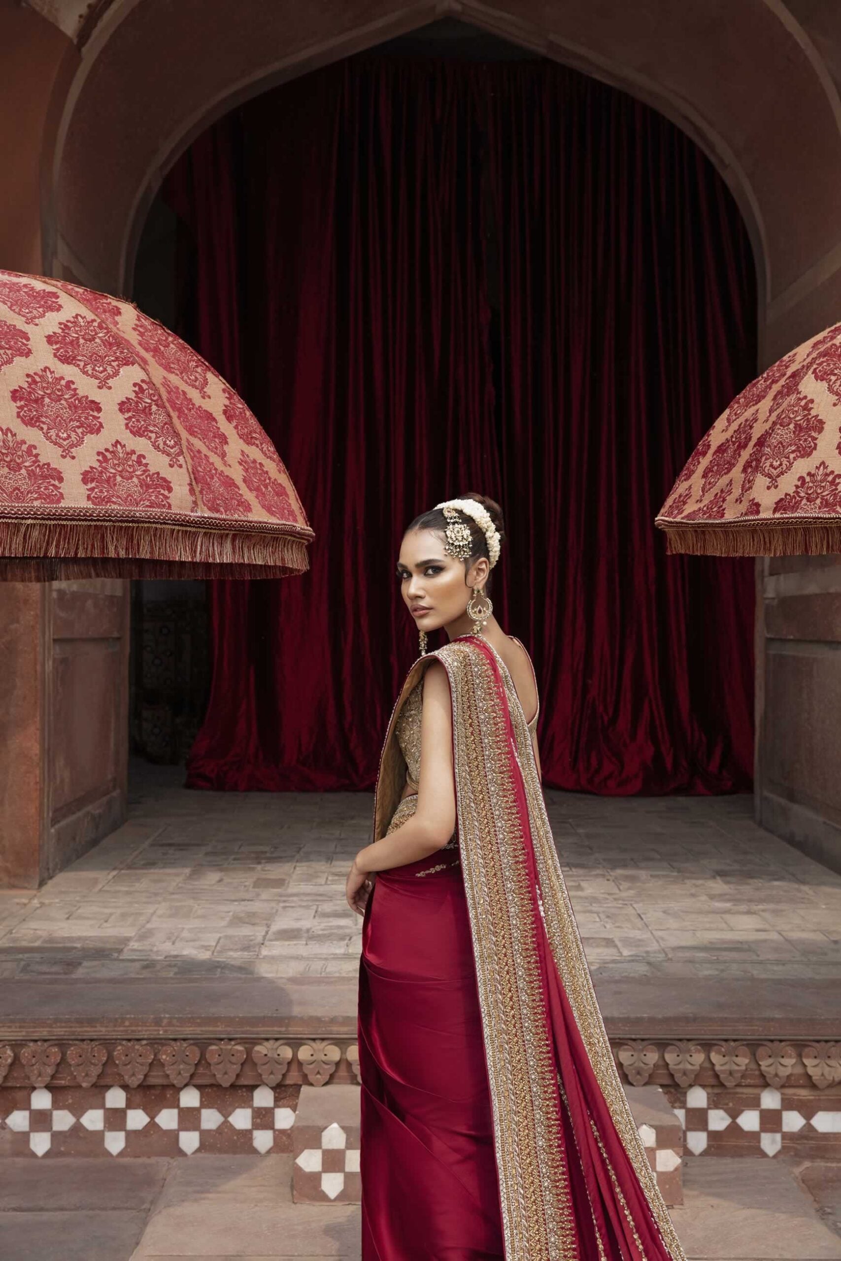 Currant Red Embroidered Pure Shamose Silk Saree (2-Piece) - Image 3