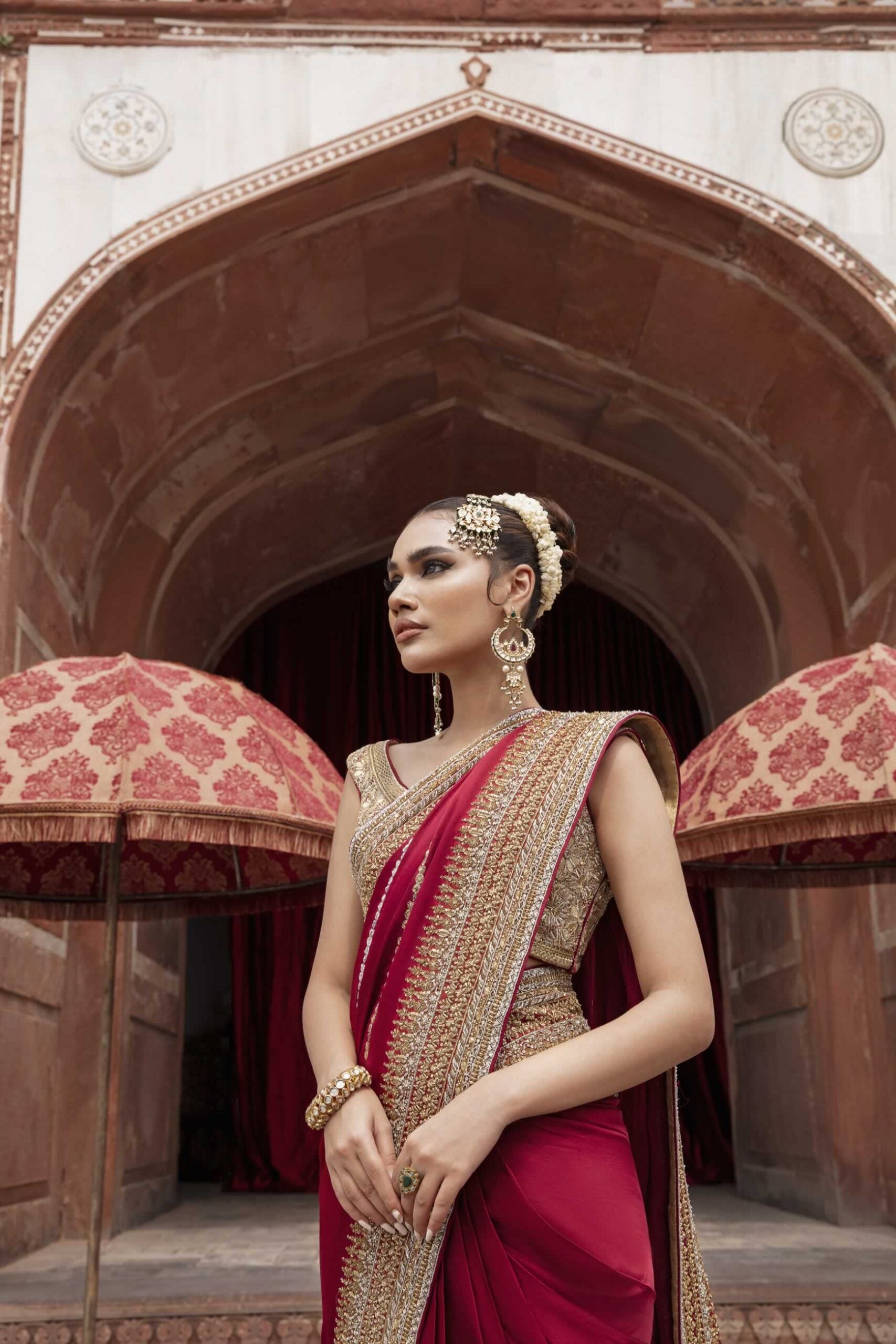 Currant Red Embroidered Pure Shamose Silk Saree (2-Piece) - Image 4