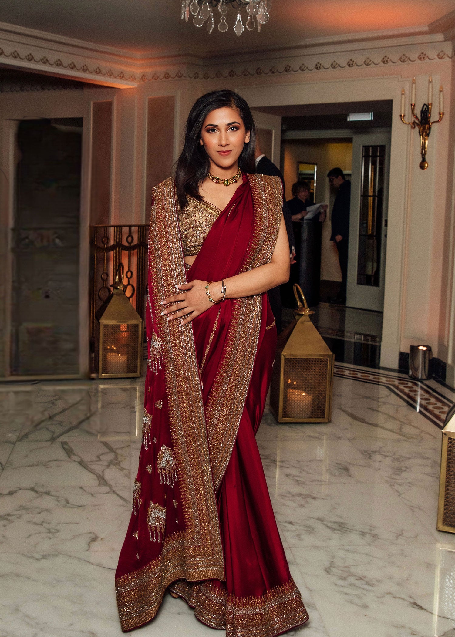 Deep Red Hand-Embroidered Pure Shamoz Silk Saree (2-Piece) - Image 2