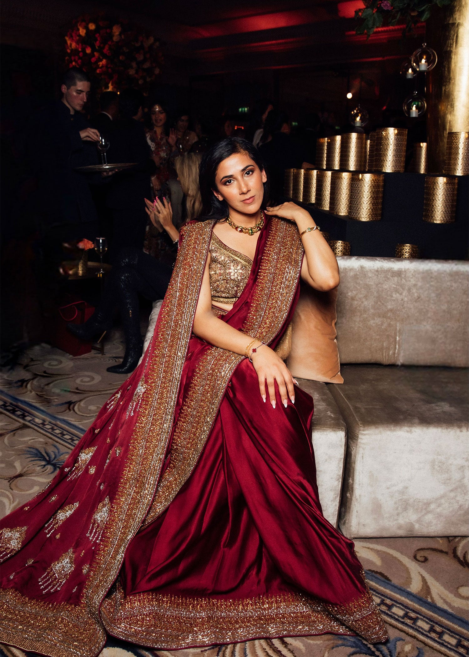 Deep Red Hand-Embroidered Pure Shamoz Silk Saree (2-Piece) - Image 3