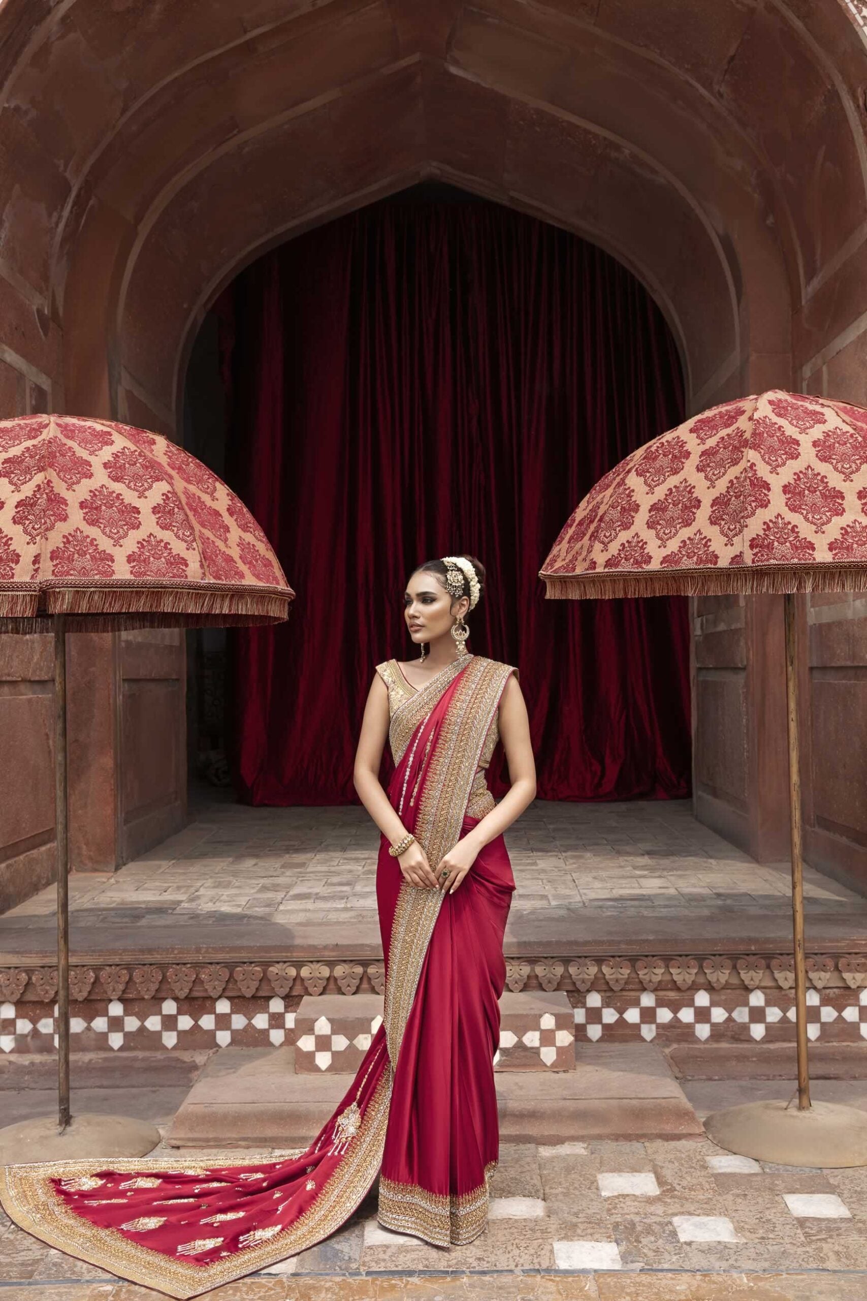 Pakistani Currant Red Embroidered Pure Shamose Silk Saree (2-Piece) - Image 2