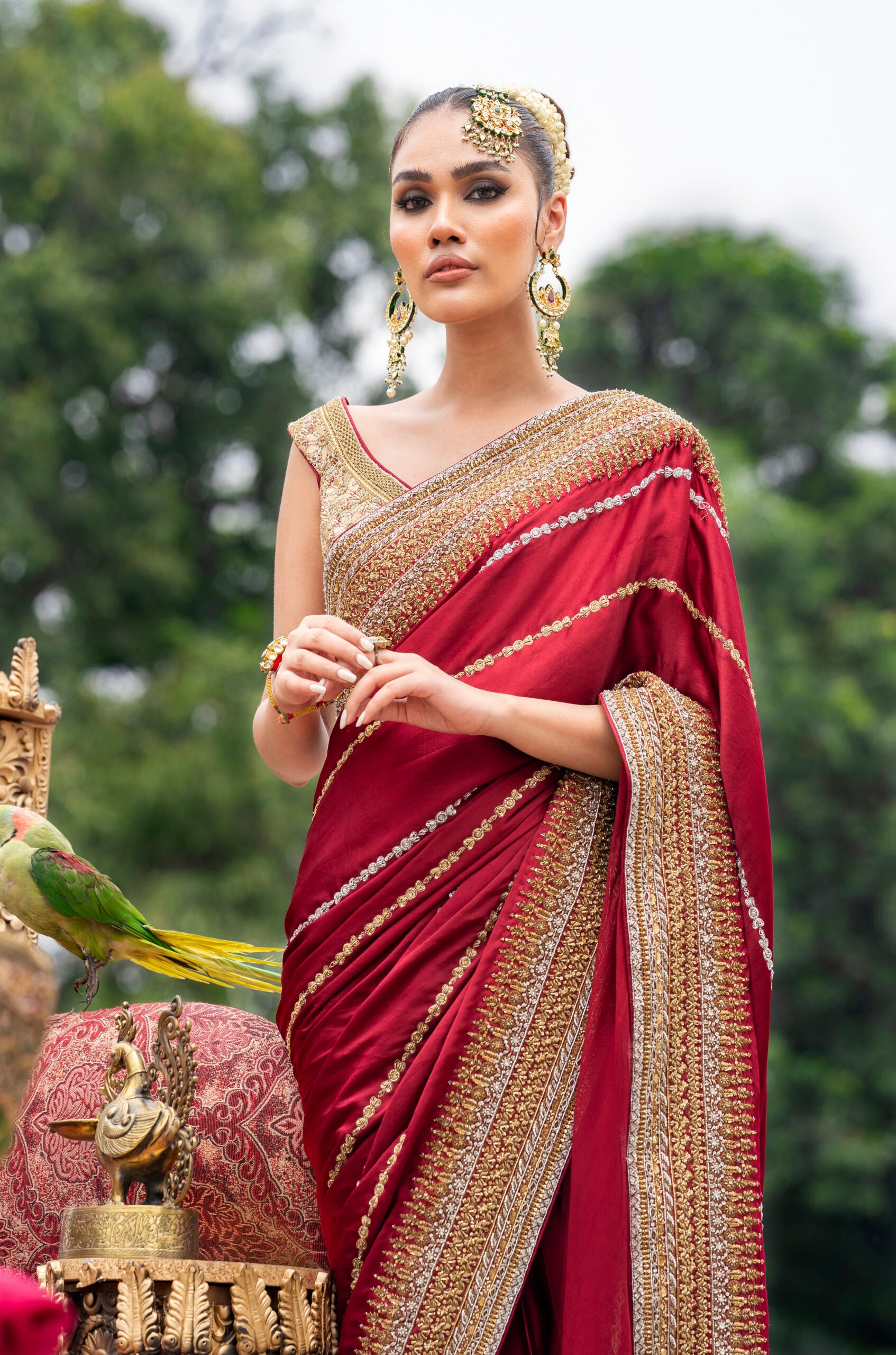 Pakistani Currant Red Embroidered Pure Shamose Silk Saree (2-Piece) - Image 7